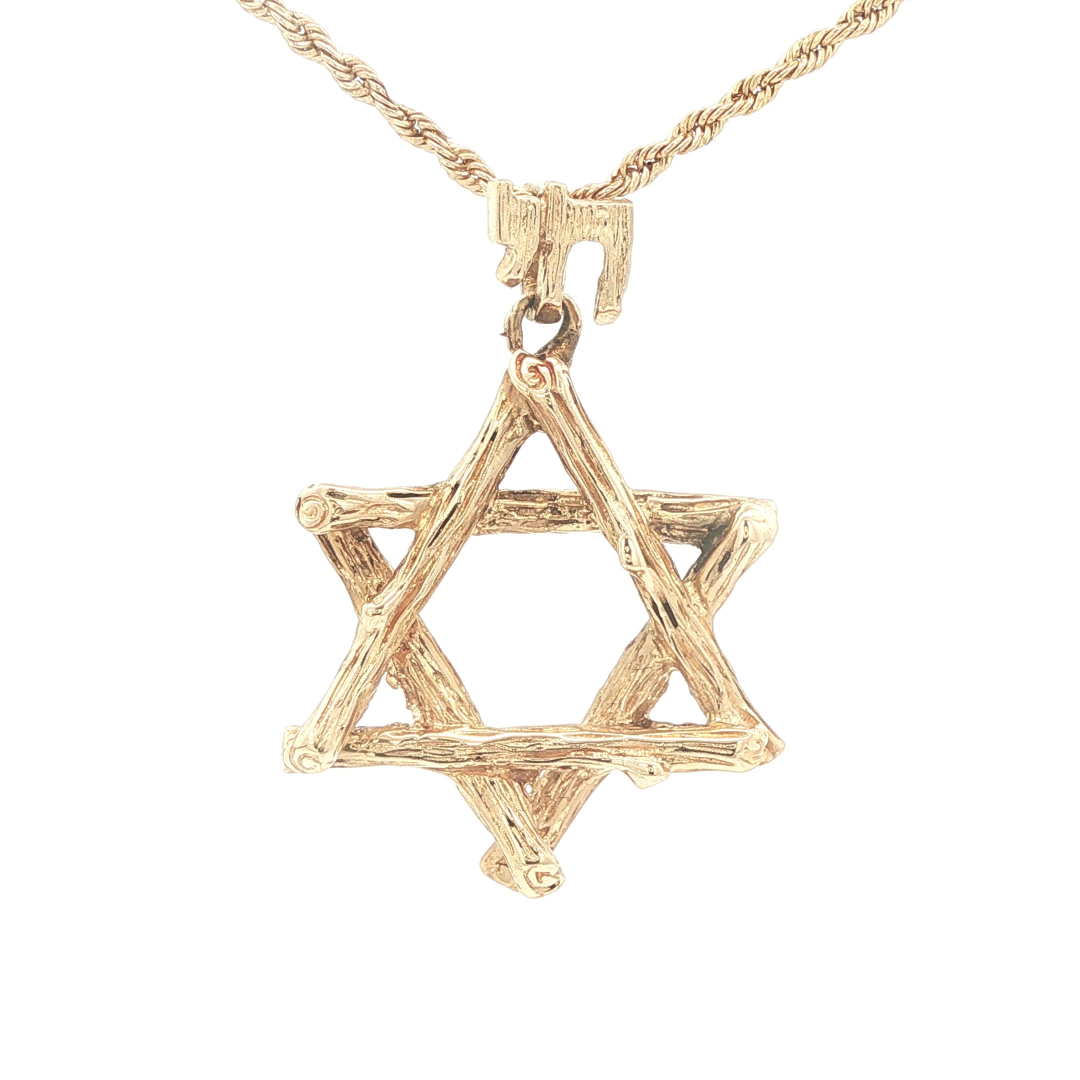 Estate Late 20th Century 14K Yellow Gold Star of David Pendant Textured Openwork 29mm
