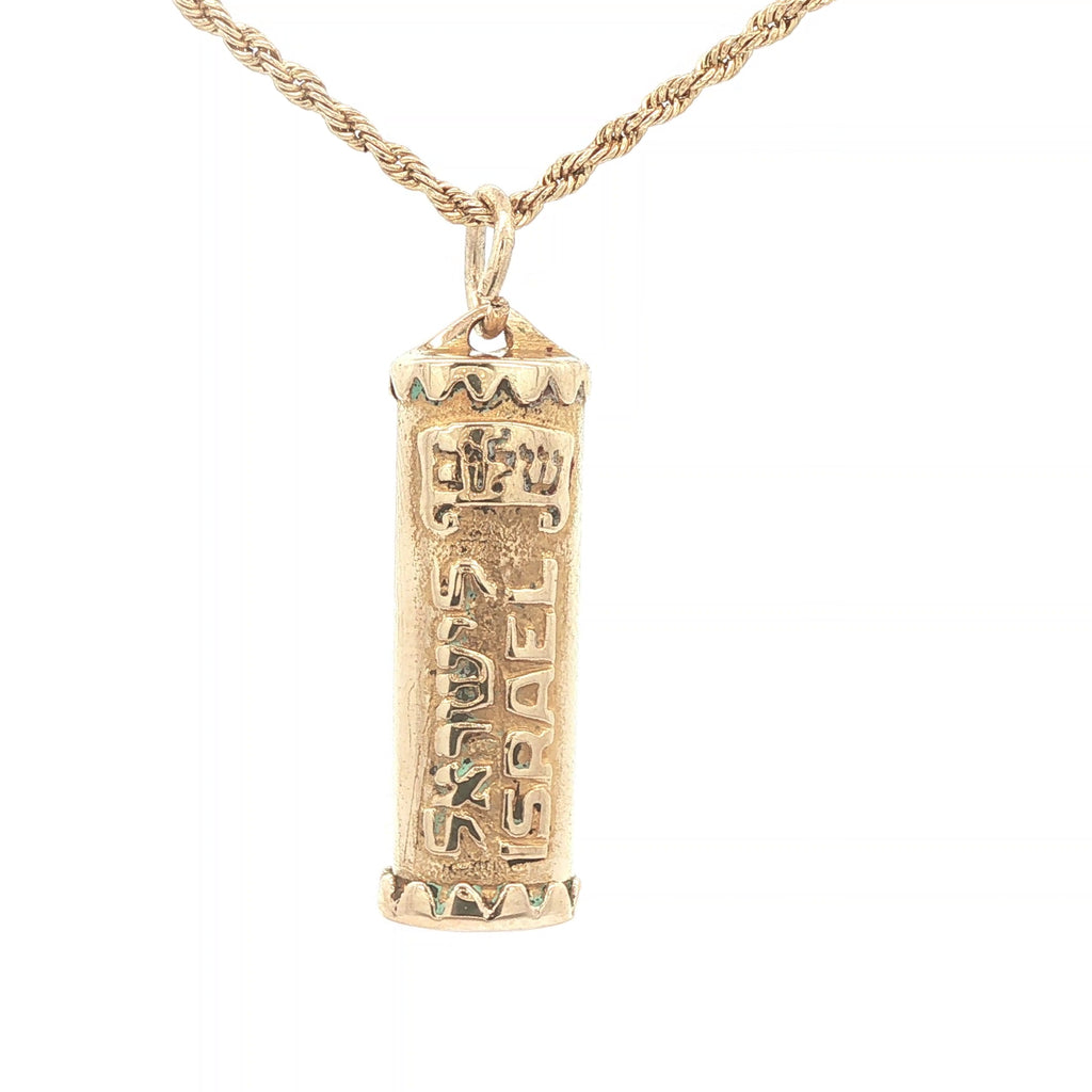 Estate Vintage c. 1980s-1990s 14K Yellow Gold Mezuzah Pendant Star of David Hebrew Prayer Scroll Case 30mm