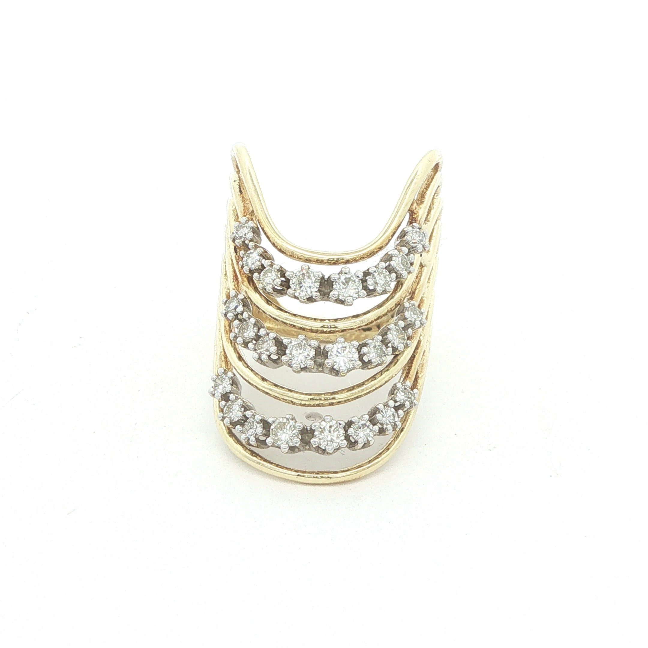 Estate Vintage 1980s–1990s 18K Yellow Gold Natural Diamond Multi-Row Openwork Ring Size 9