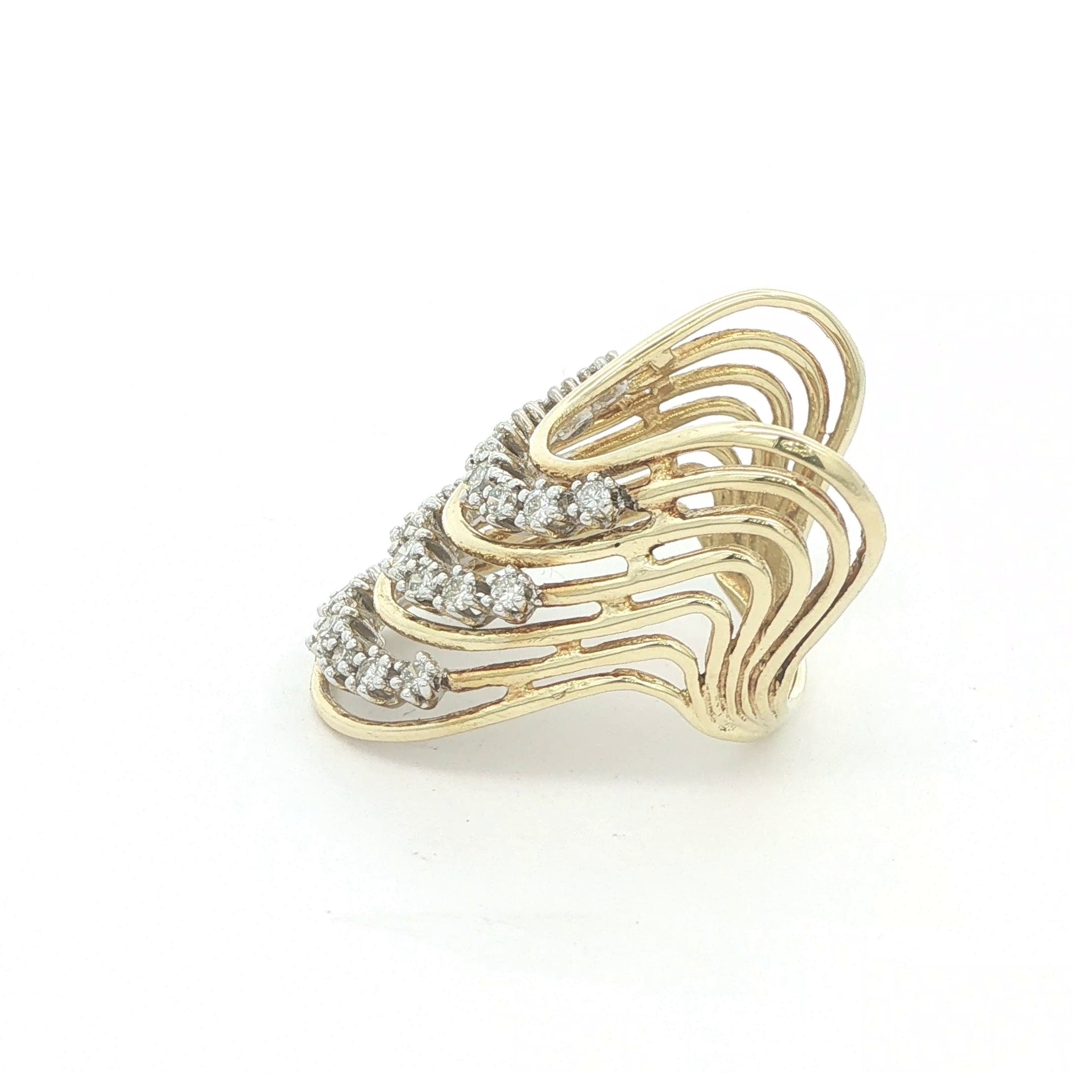 Estate Vintage 1980s–1990s 18K Yellow Gold Natural Diamond Multi-Row Openwork Ring Size 9