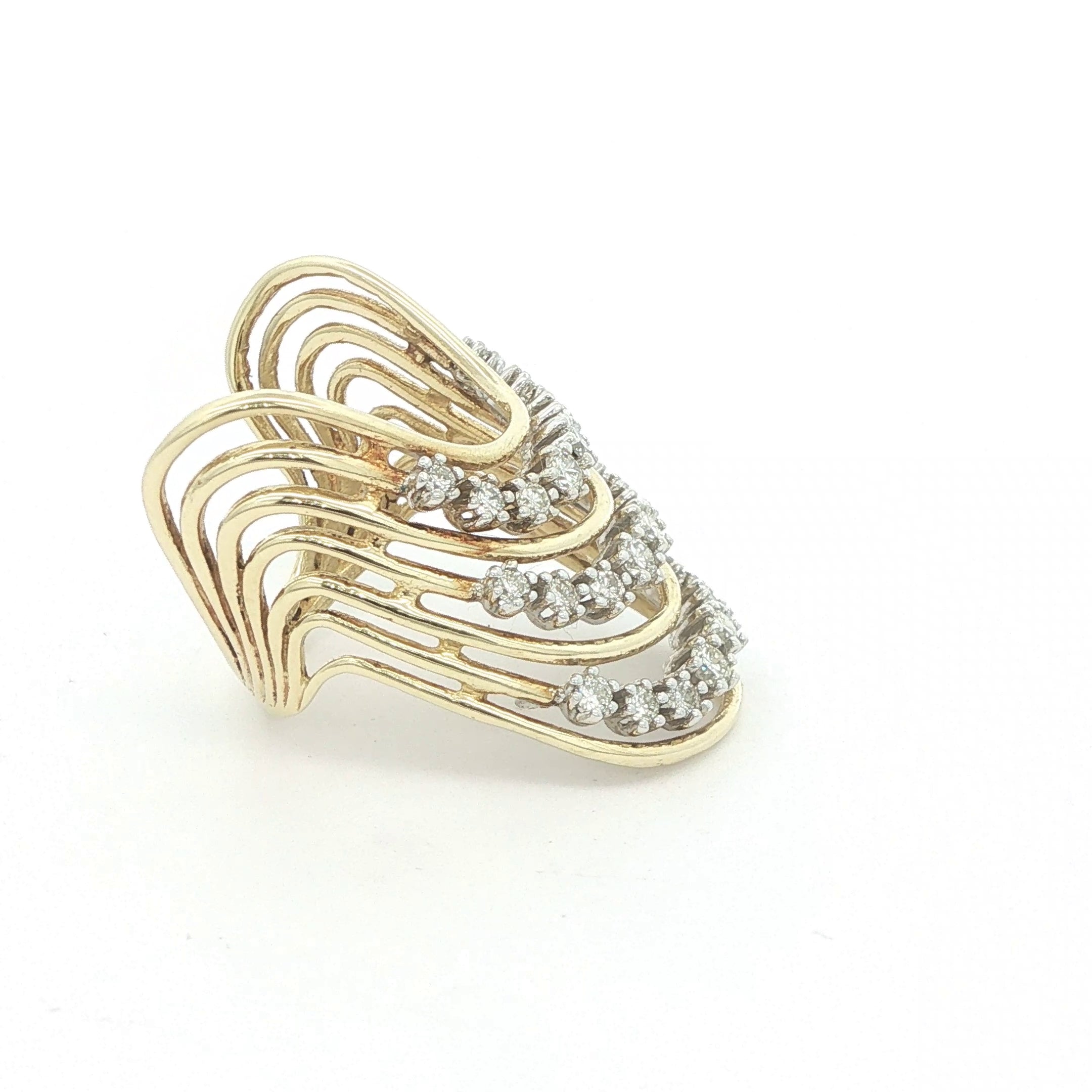Estate Vintage 1980s–1990s 18K Yellow Gold Natural Diamond Multi-Row Openwork Ring Size 9