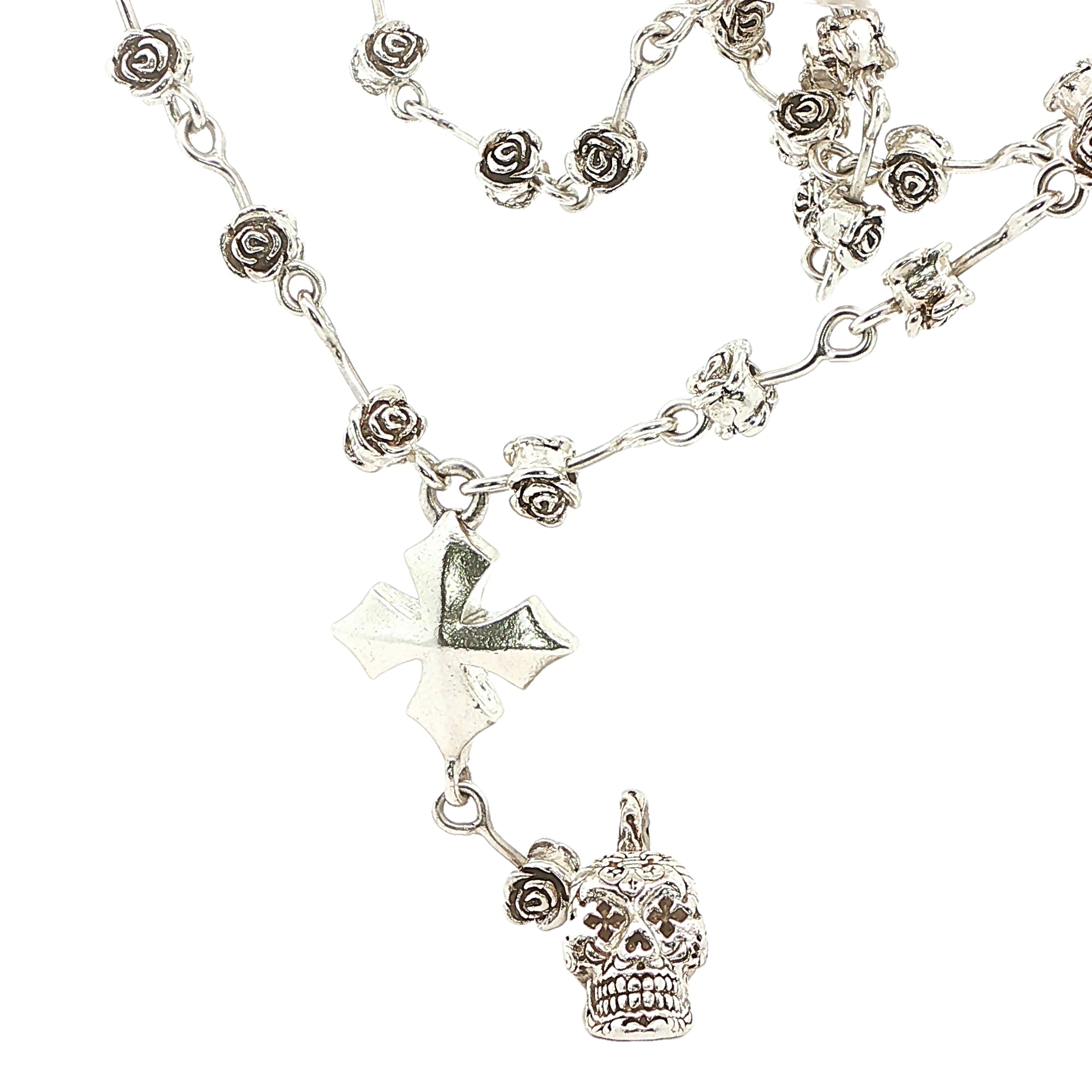 Sterling Silver Gothic Rosary Style Skull & Cross Rose Link Endless Necklace 24 Inch