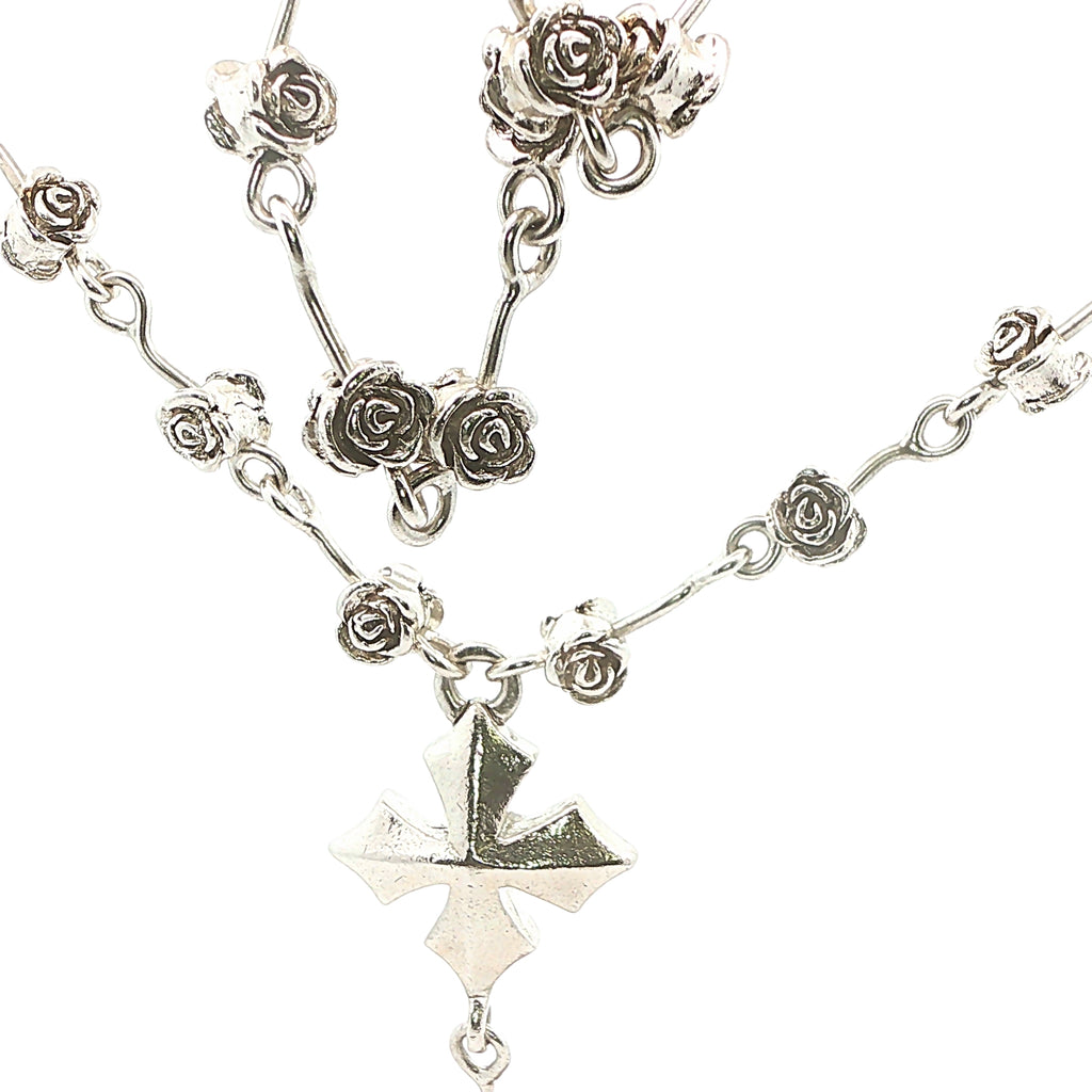 Sterling Silver Gothic Rosary Style Skull & Cross Rose Link Endless Necklace 24 Inch
