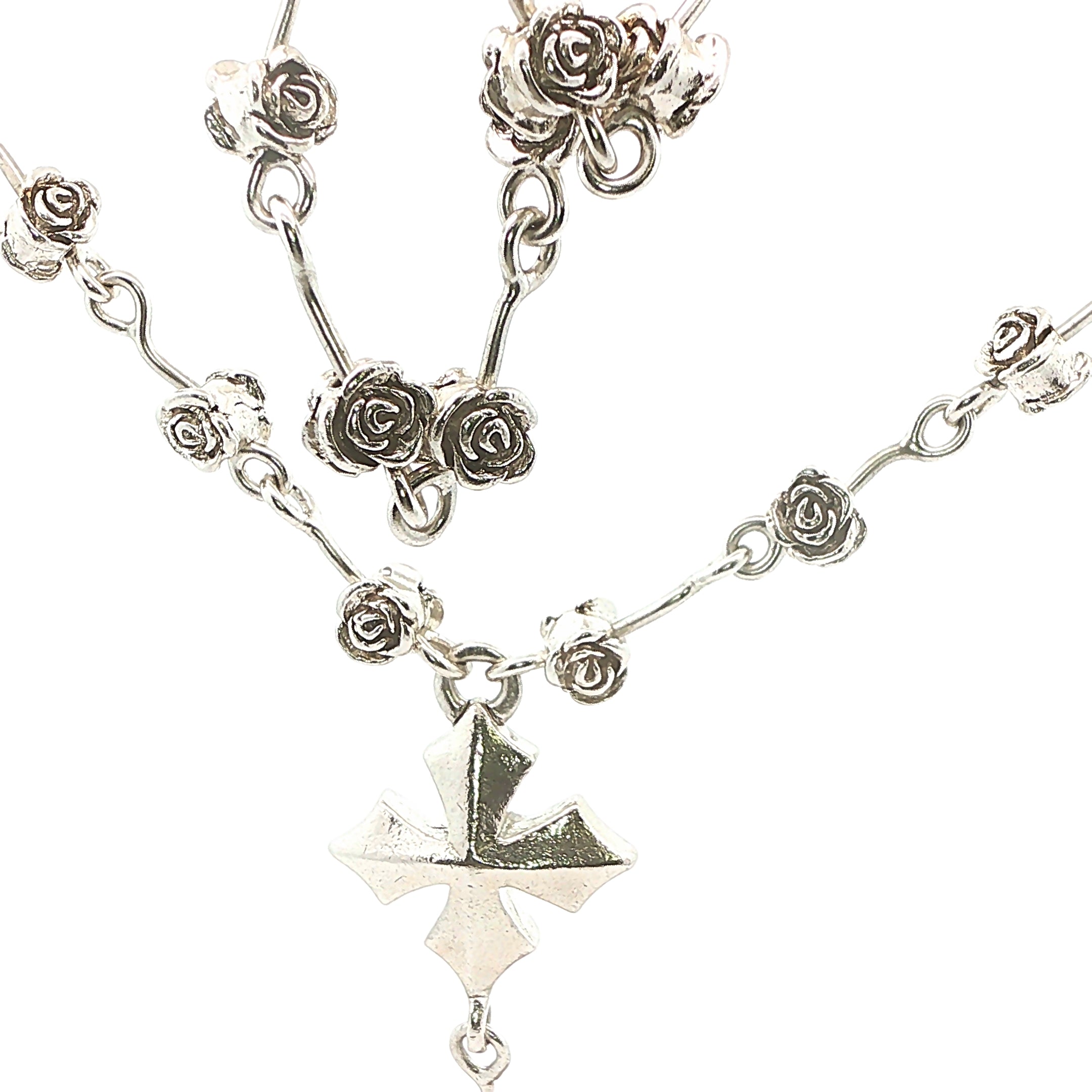 Sterling Silver Gothic Rosary Style Skull & Cross Rose Link Endless Necklace 24 Inch