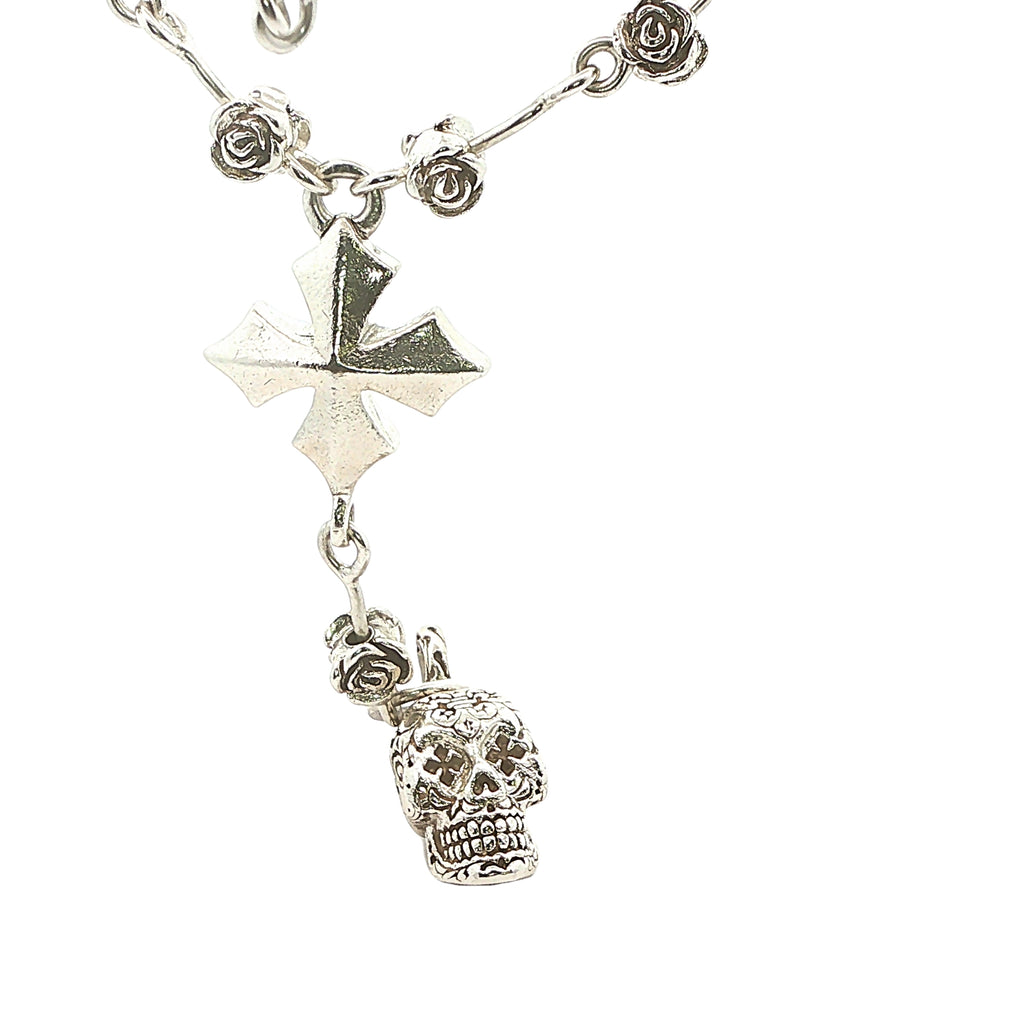 Sterling Silver Gothic Rosary Style Skull & Cross Rose Link Endless Necklace 24 Inch