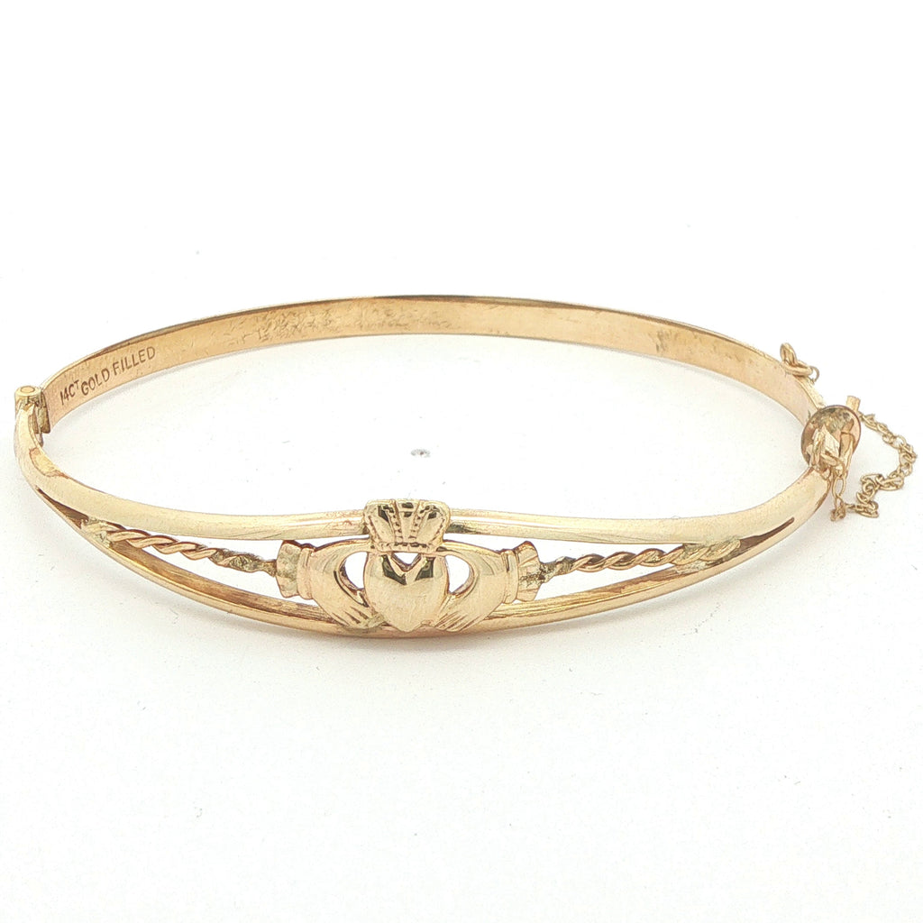 Estate Vintage 14CT Gold Filled Irish Claddagh Hinged Bangle Bracelet with Safety Chain