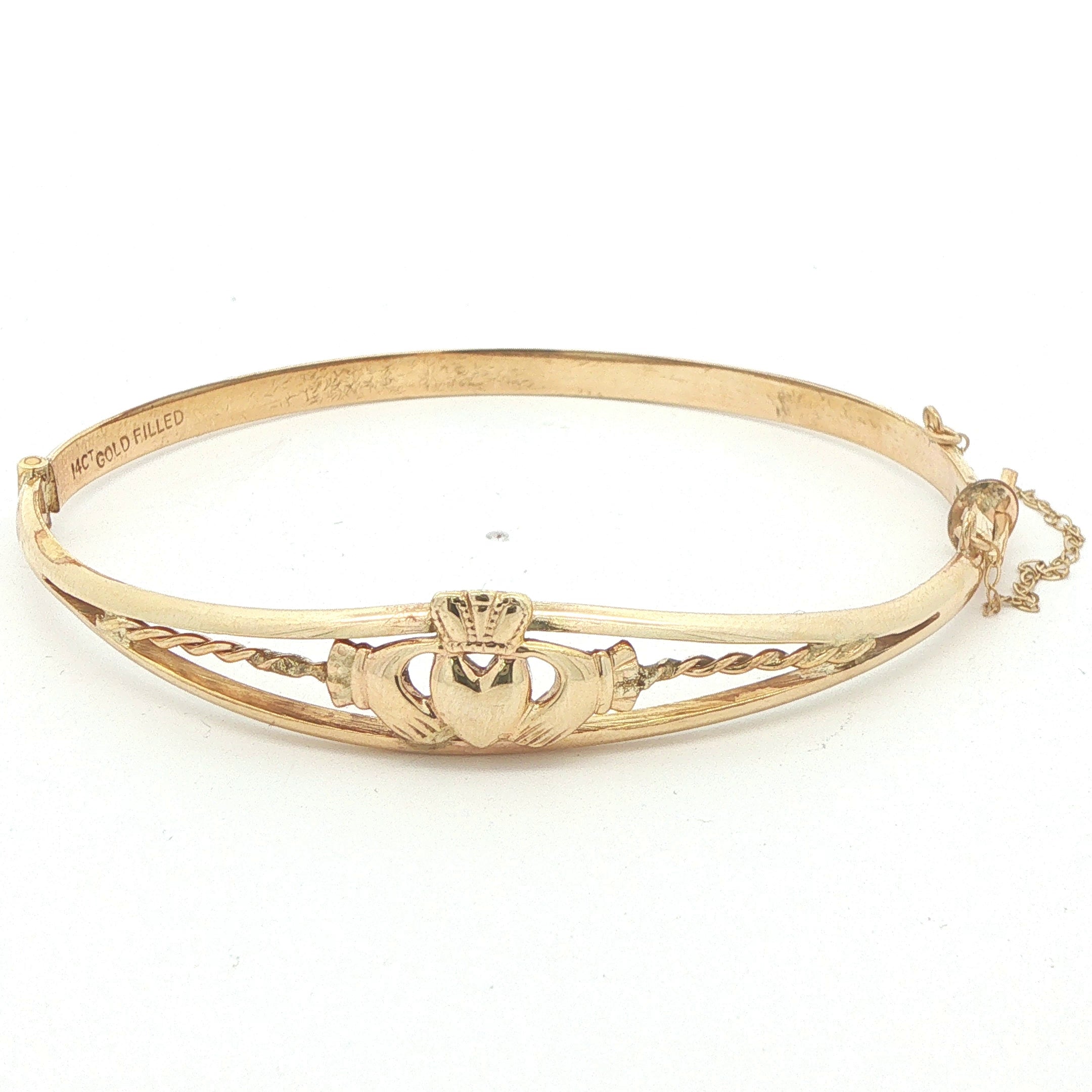 Estate Vintage 14CT Gold Filled Irish Claddagh Hinged Bangle Bracelet with Safety Chain