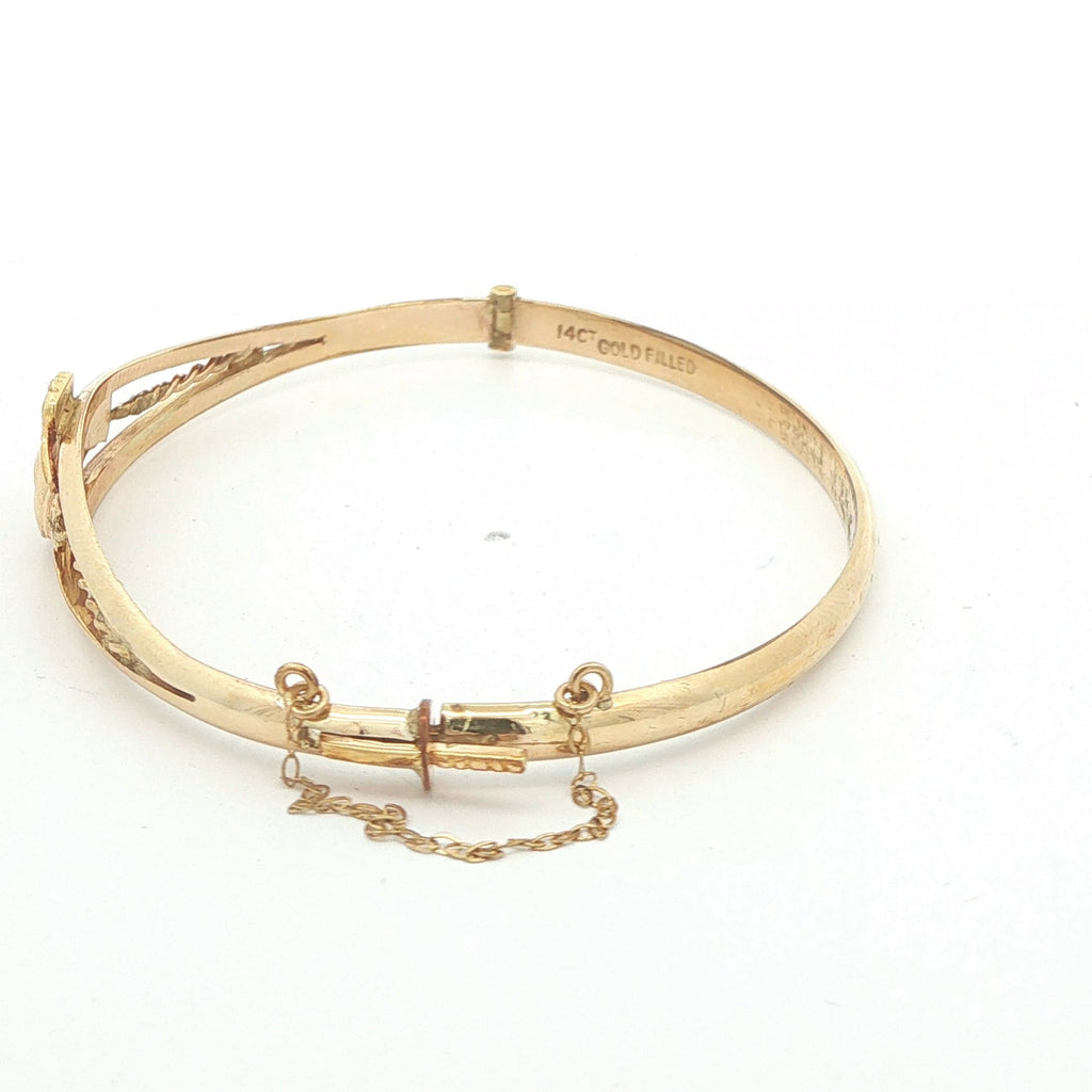Estate Vintage 14CT Gold Filled Irish Claddagh Hinged Bangle Bracelet with Safety Chain