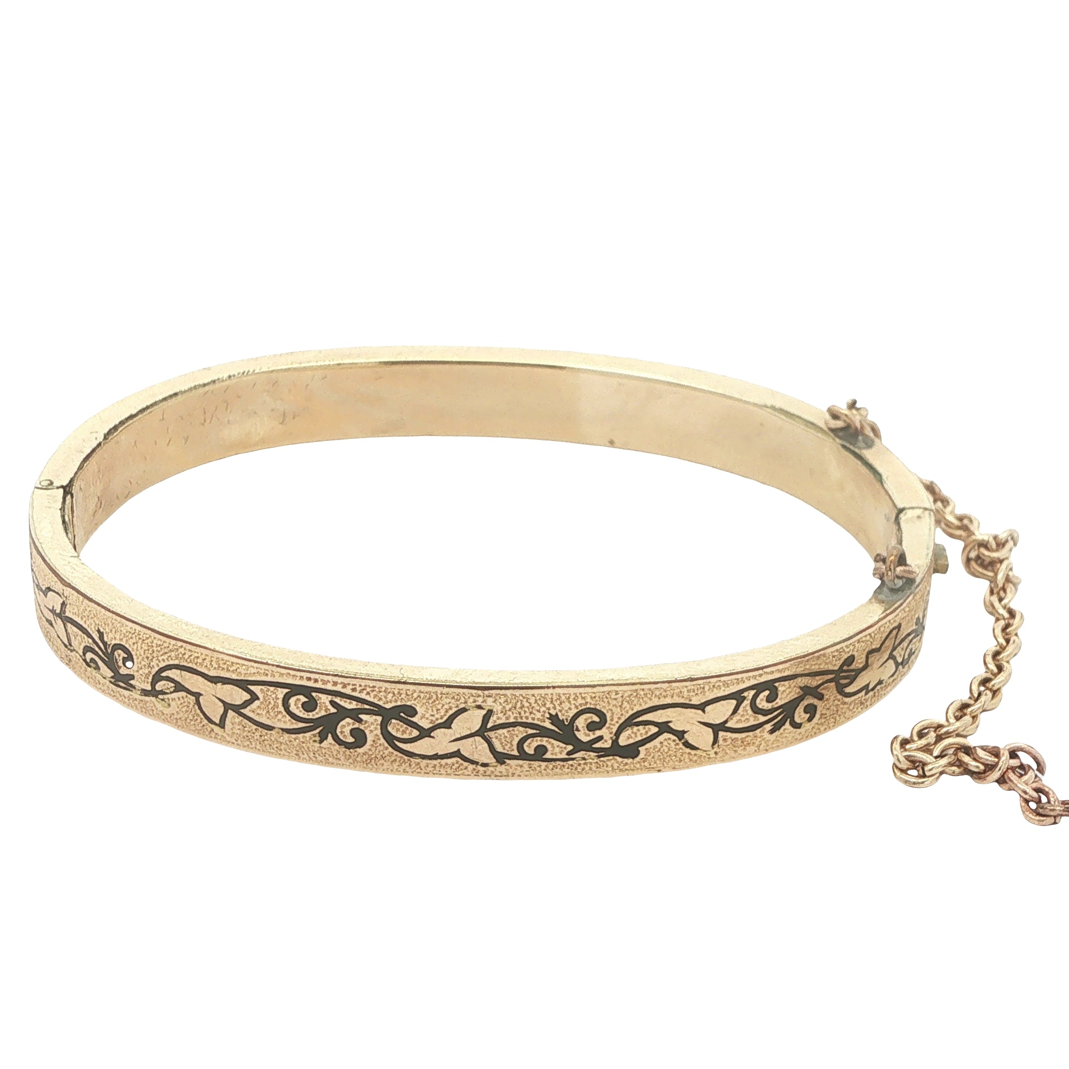 Circa 1950s–1960s Estate Gold Filled Black Enamel Hinged Bangle Bracelet with Safety Chain 56mm