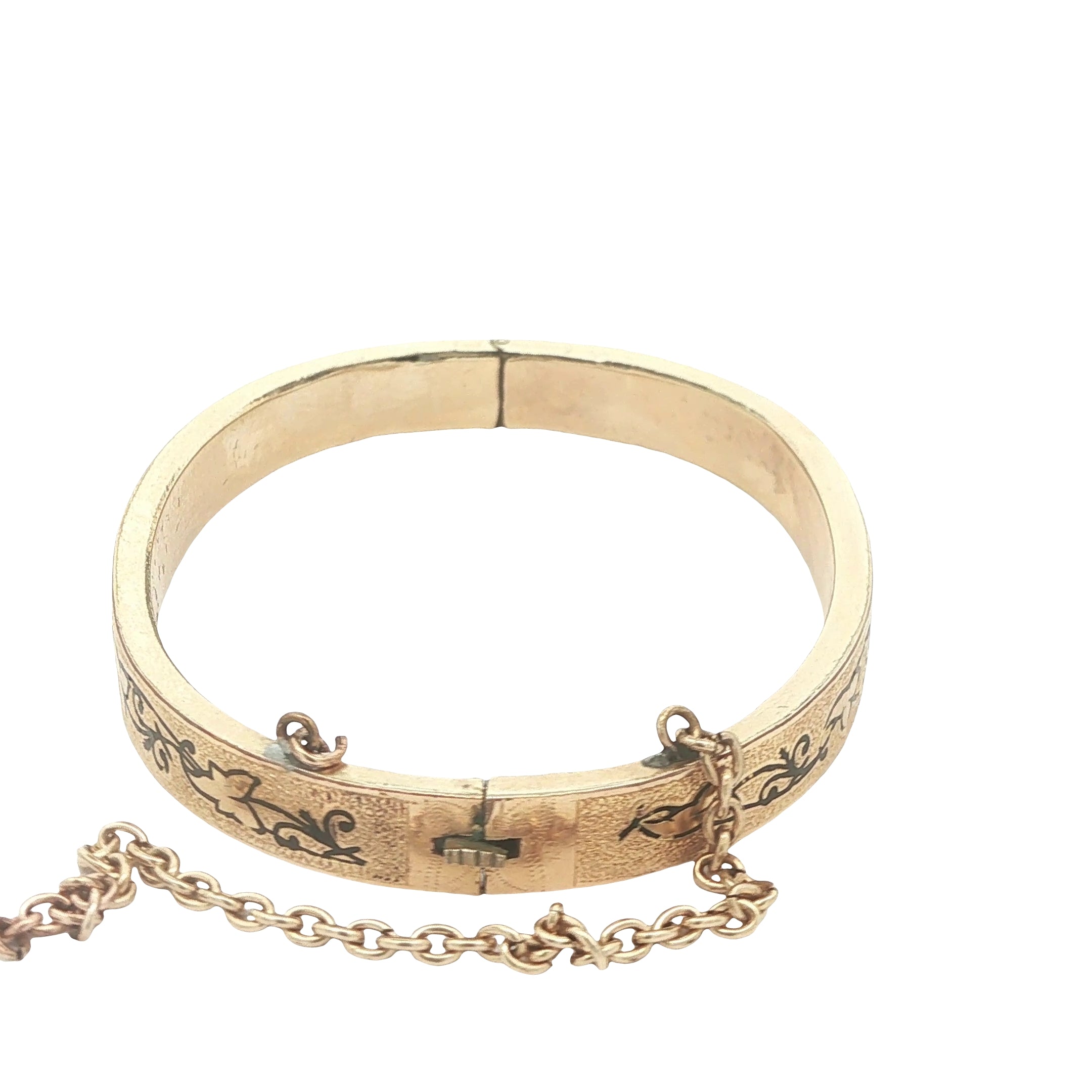 Circa 1950s–1960s Estate Gold Filled Black Enamel Hinged Bangle Bracelet with Safety Chain 56mm