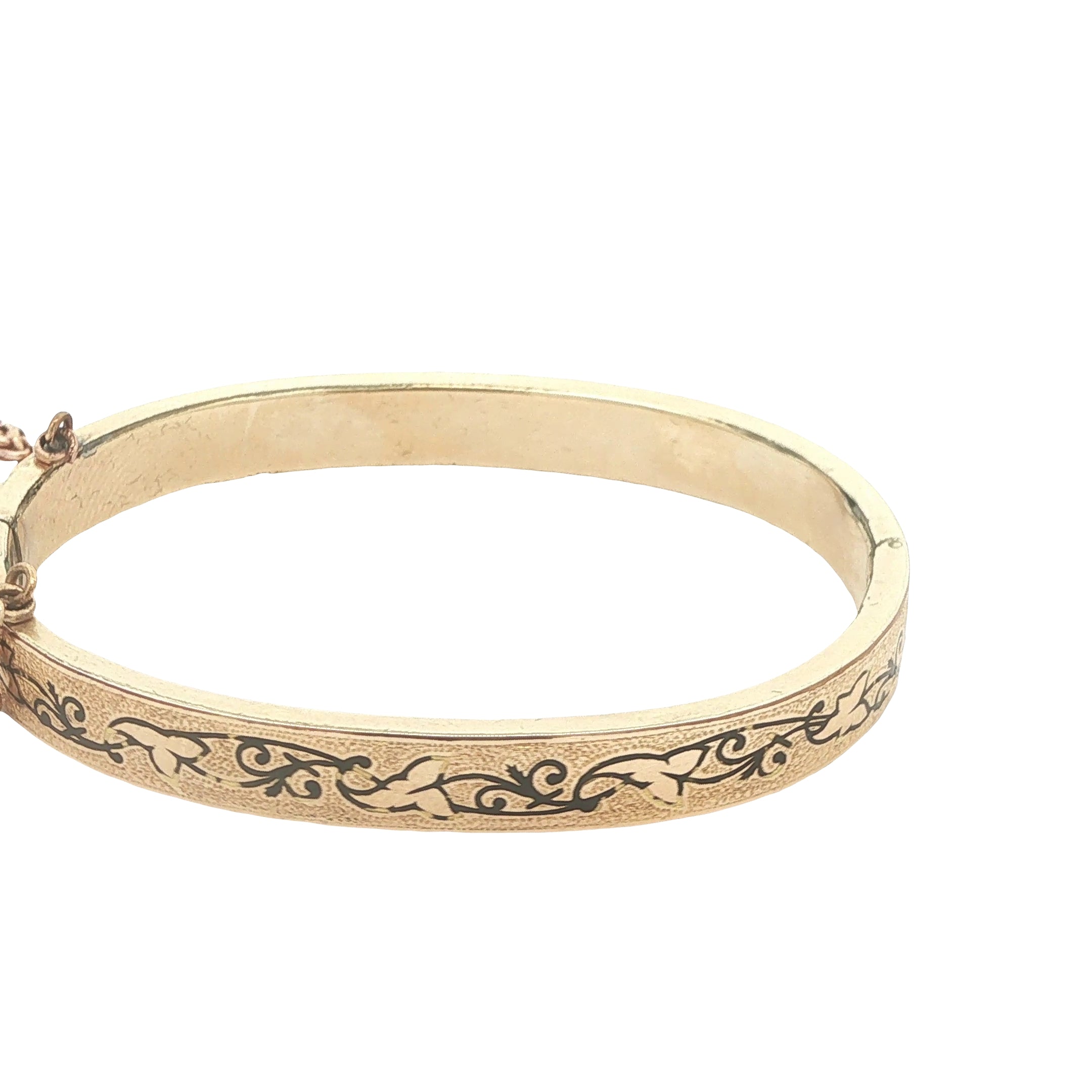 Circa 1950s–1960s Estate Gold Filled Black Enamel Hinged Bangle Bracelet with Safety Chain 56mm