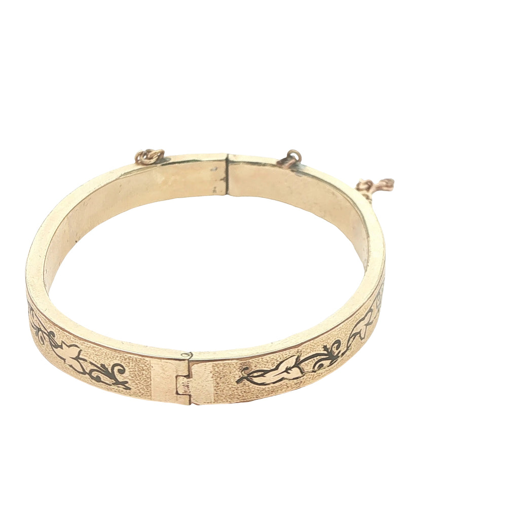 Circa 1950s–1960s Estate Gold Filled Black Enamel Hinged Bangle Bracelet with Safety Chain 56mm