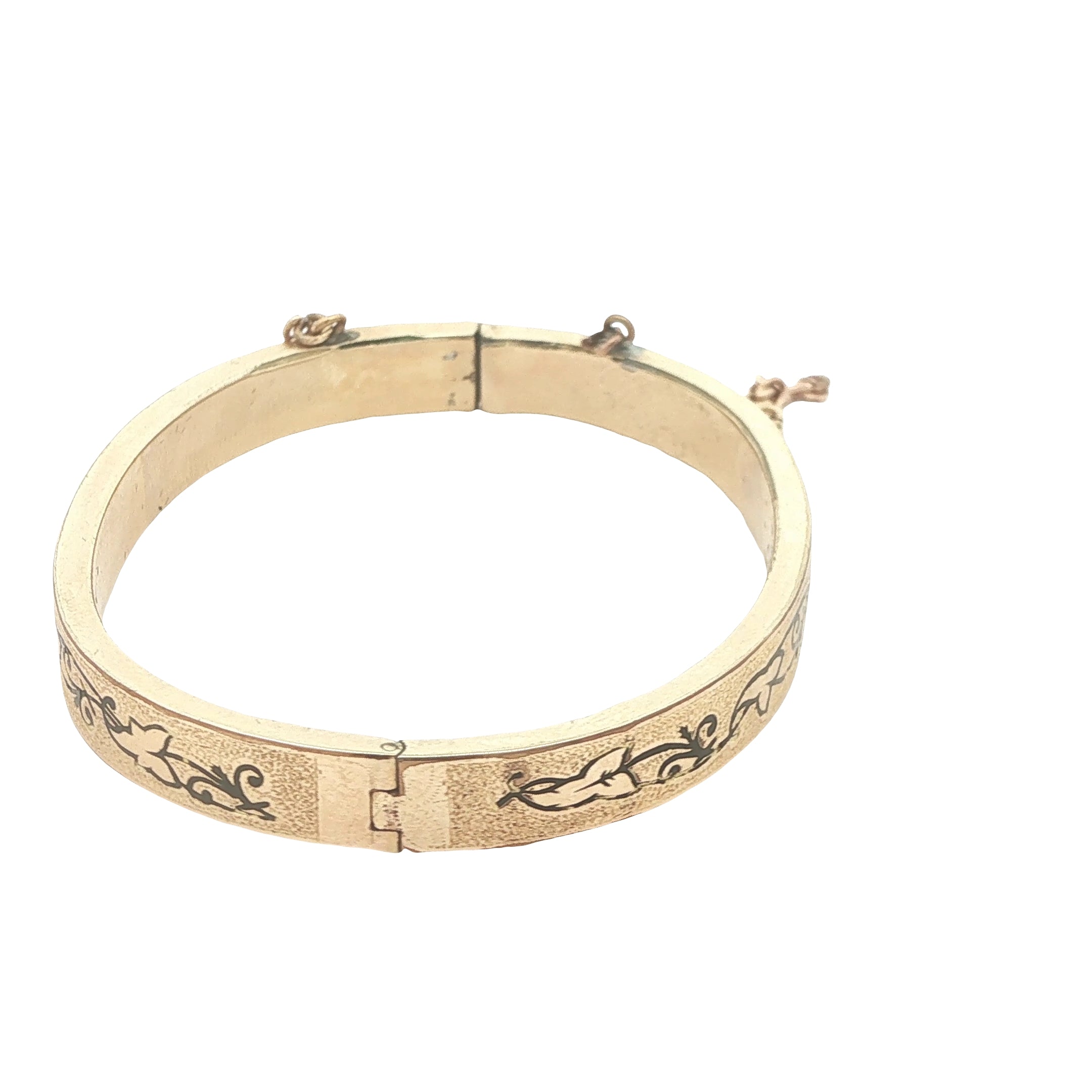 Circa 1950s–1960s Estate Gold Filled Black Enamel Hinged Bangle Bracelet with Safety Chain 56mm