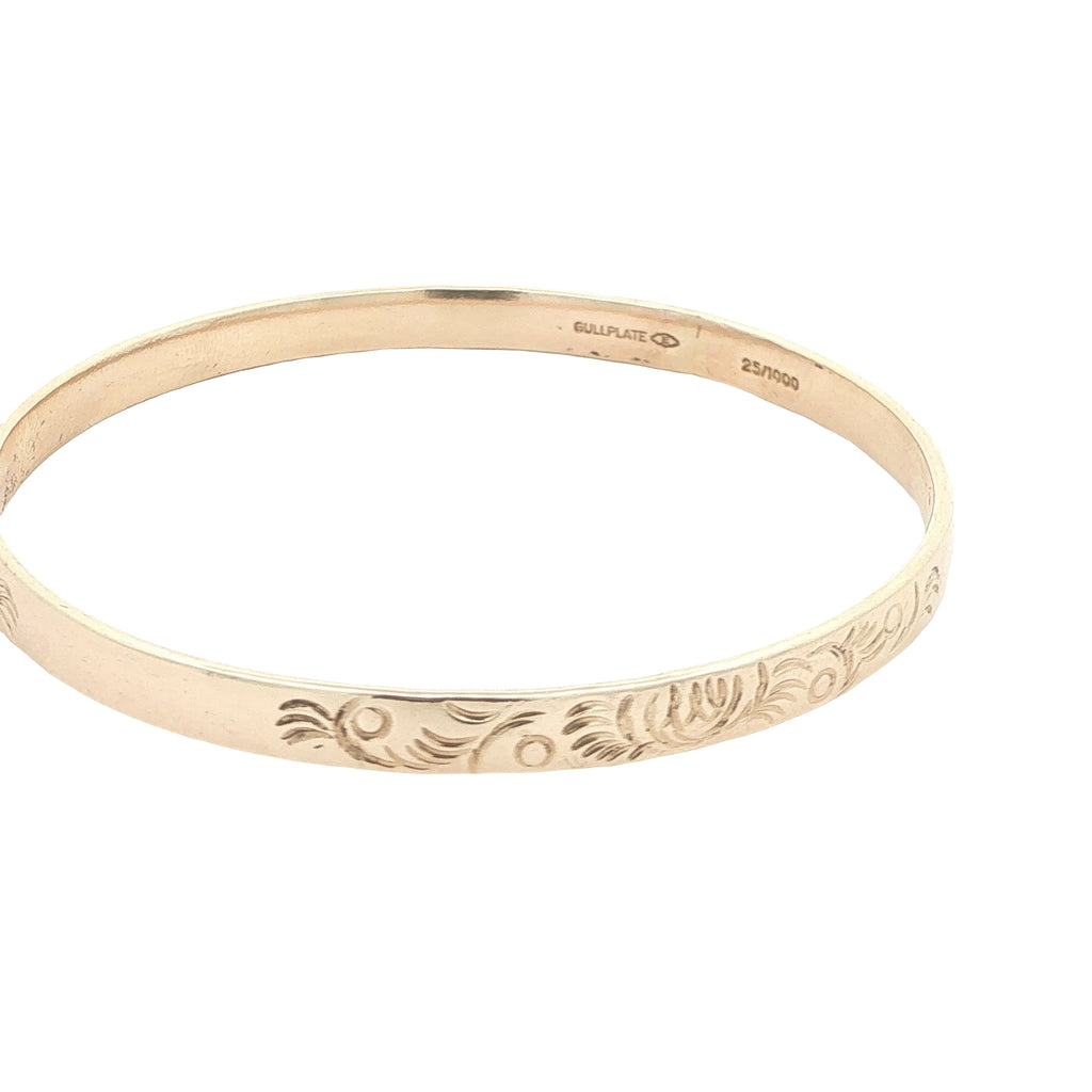 Estate Vintage Gold-Plated Engraved Floral Slip-On Bangle Bracelet – Stamped 25/1000