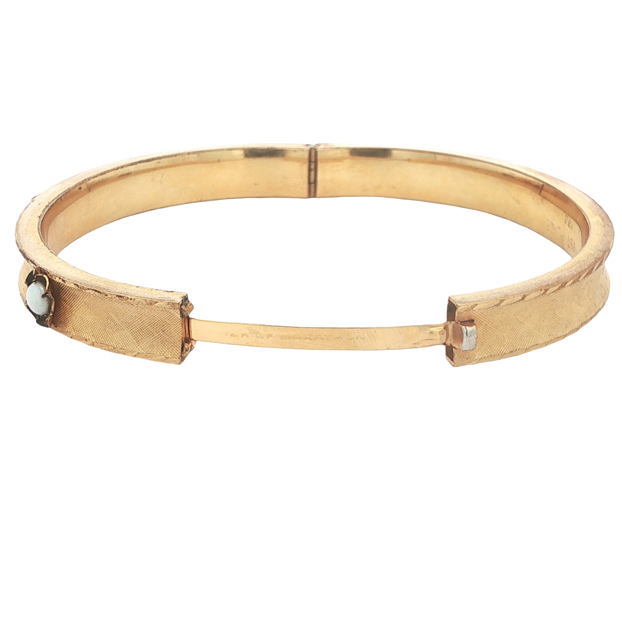 Circa 1974 Vintage Estate Marathon Gold-Filled Natural Opal Hinged Bangle Bracelet 8 Inch 8mm Wide