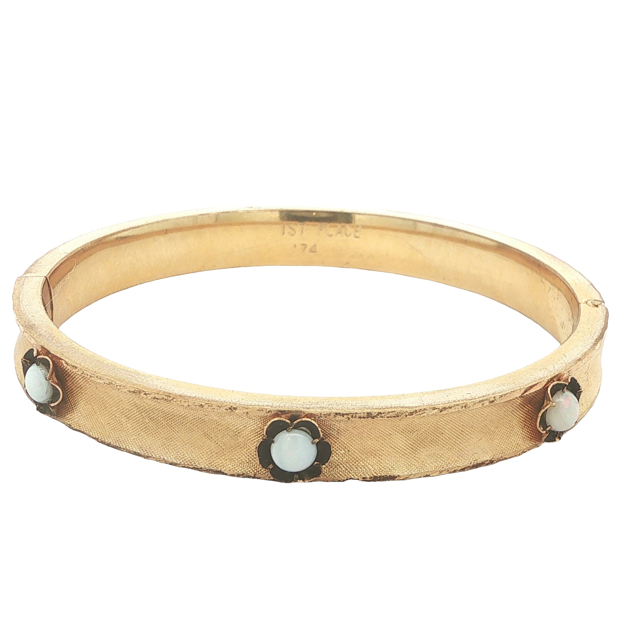 Circa 1974 Vintage Estate Marathon Gold-Filled Natural Opal Hinged Bangle Bracelet 8 Inch 8mm Wide