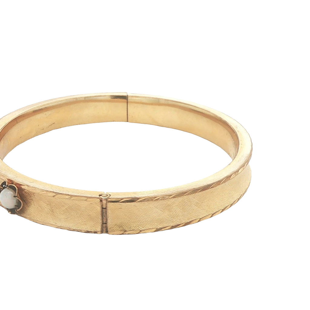 Circa 1974 Vintage Estate Marathon Gold-Filled Natural Opal Hinged Bangle Bracelet 8 Inch 8mm Wide