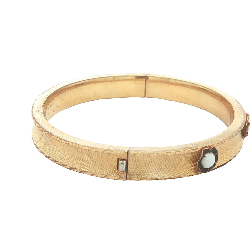 Circa 1974 Vintage Estate Marathon Gold-Filled Natural Opal Hinged Bangle Bracelet 8 Inch 8mm Wide