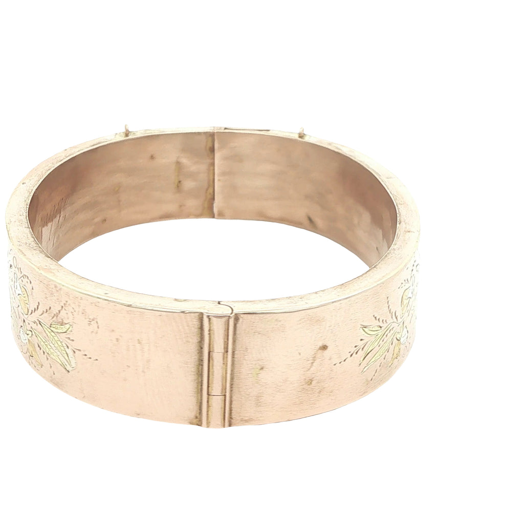 Circa Early 1900s Vintage Estate 14K Gold Hollow Engraved Floral Hinged Bangle Bracelet