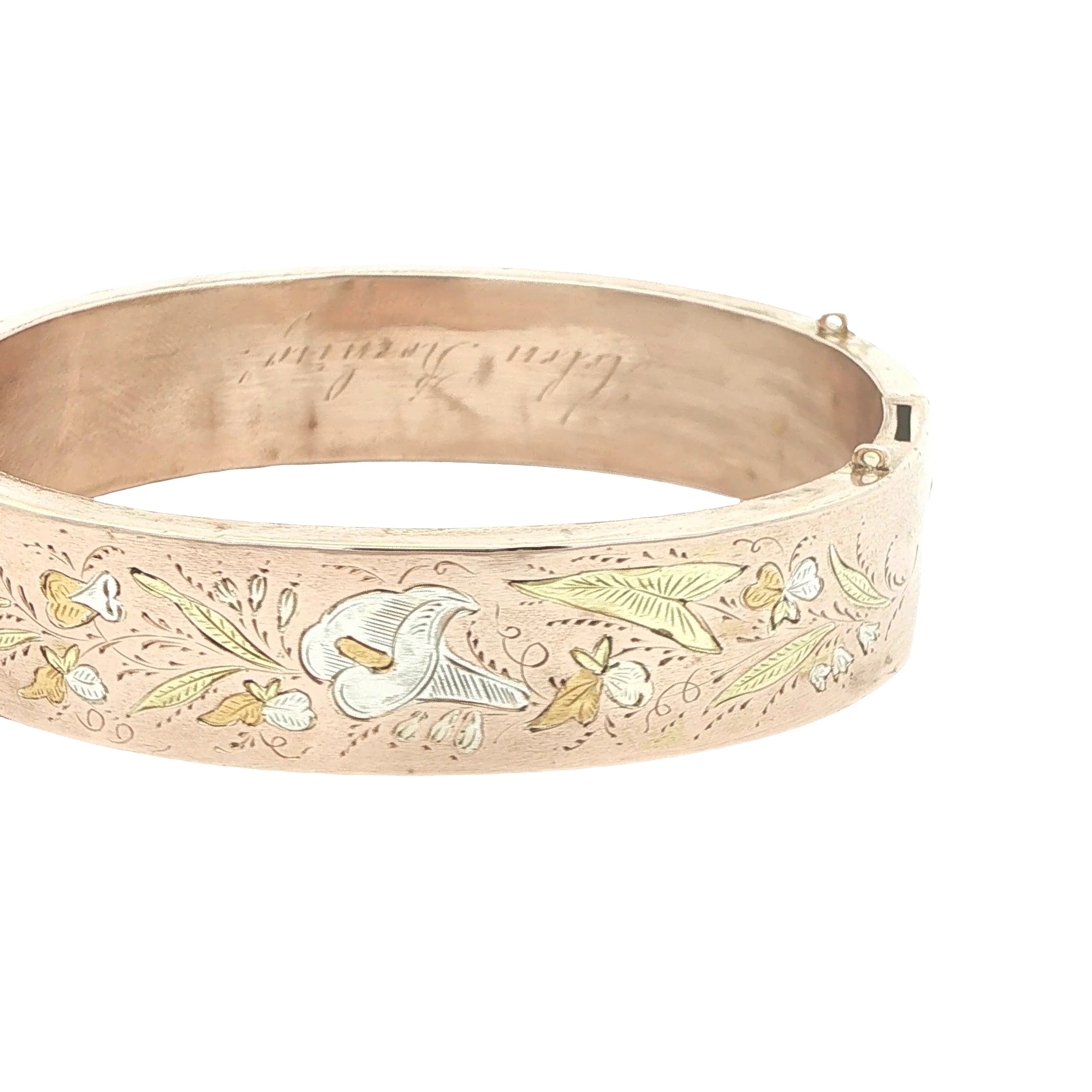 Circa Early 1900s Vintage Estate 14K Gold Hollow Engraved Floral Hinged Bangle Bracelet