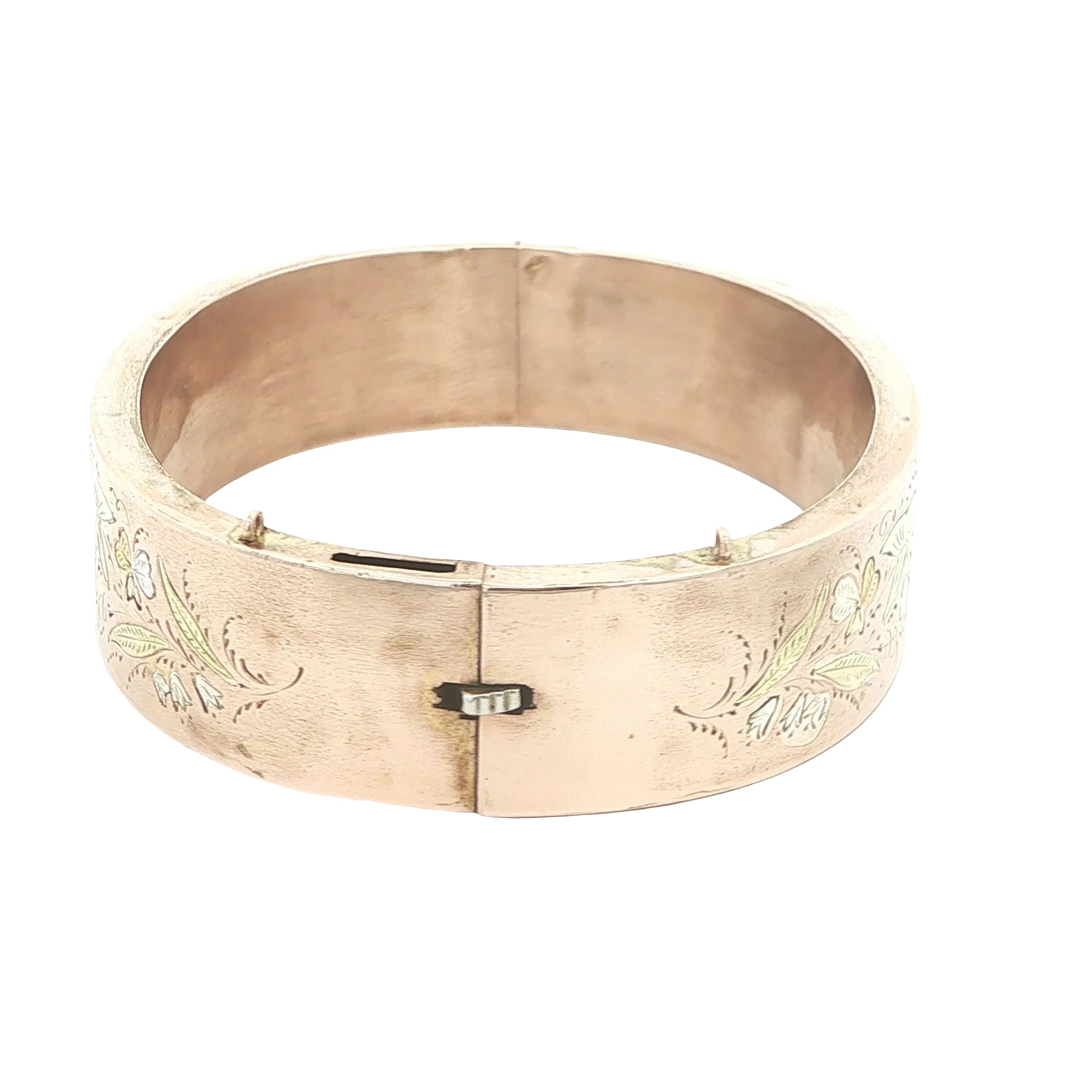 Circa Early 1900s Vintage Estate 14K Gold Hollow Engraved Floral Hinged Bangle Bracelet