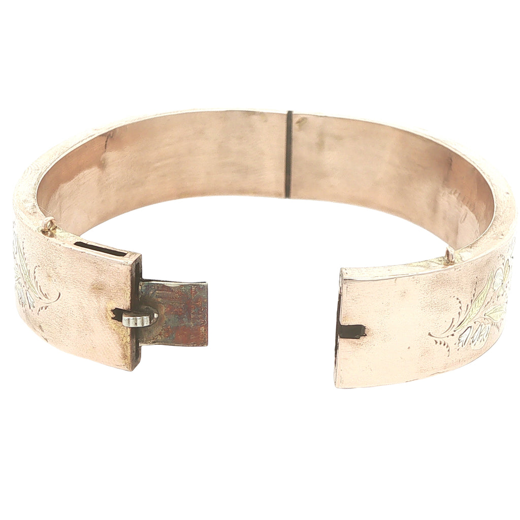 Circa Early 1900s Vintage Estate 14K Gold Hollow Engraved Floral Hinged Bangle Bracelet