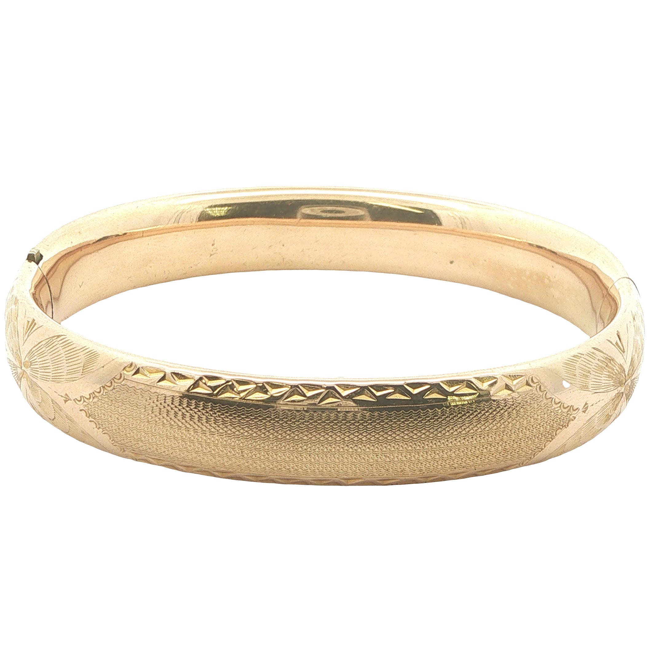 Circa 1950s–1960s Estate Gold Filled Engraved Hinged Bangle Bracelet 76mm x 5mm