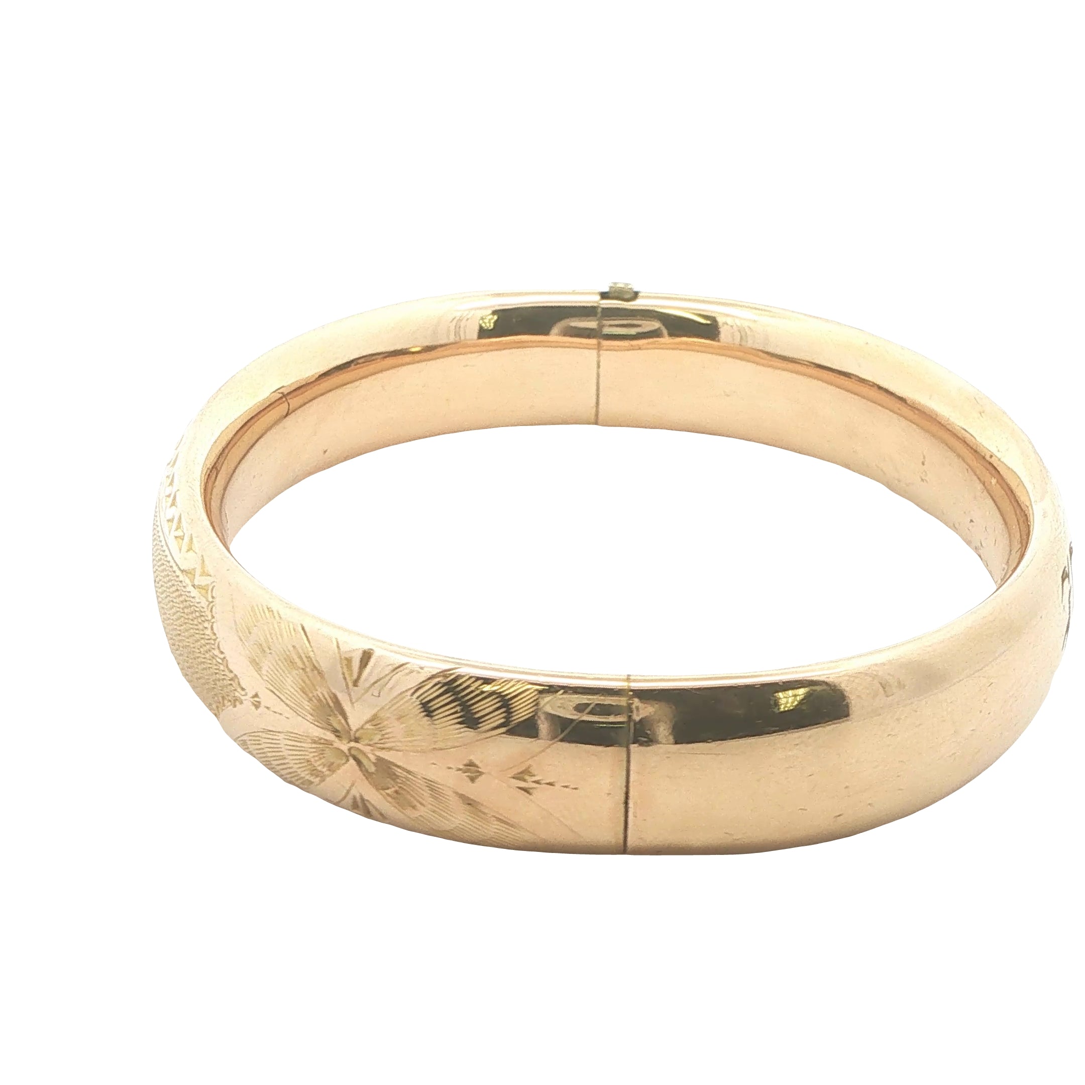 Circa 1950s–1960s Estate Gold Filled Engraved Hinged Bangle Bracelet 76mm x 5mm
