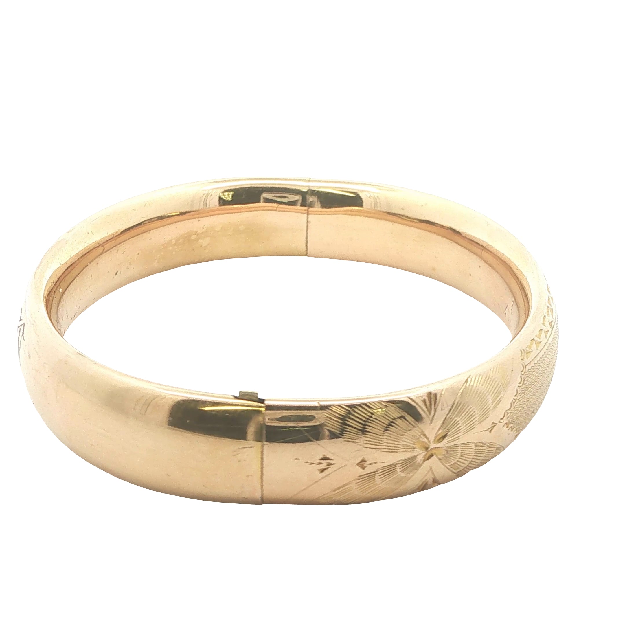 Circa 1950s–1960s Estate Gold Filled Engraved Hinged Bangle Bracelet 76mm x 5mm