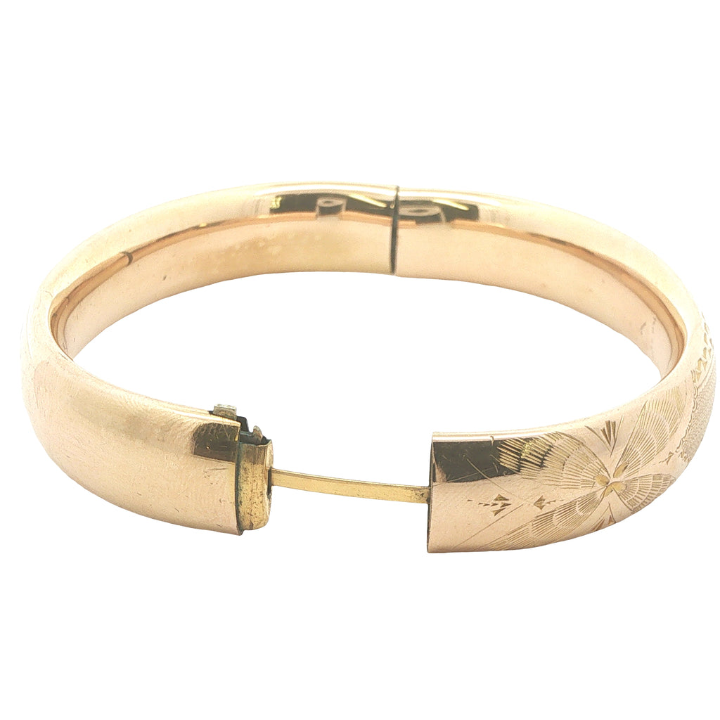 Circa 1950s–1960s Estate Gold Filled Engraved Hinged Bangle Bracelet 76mm x 5mm