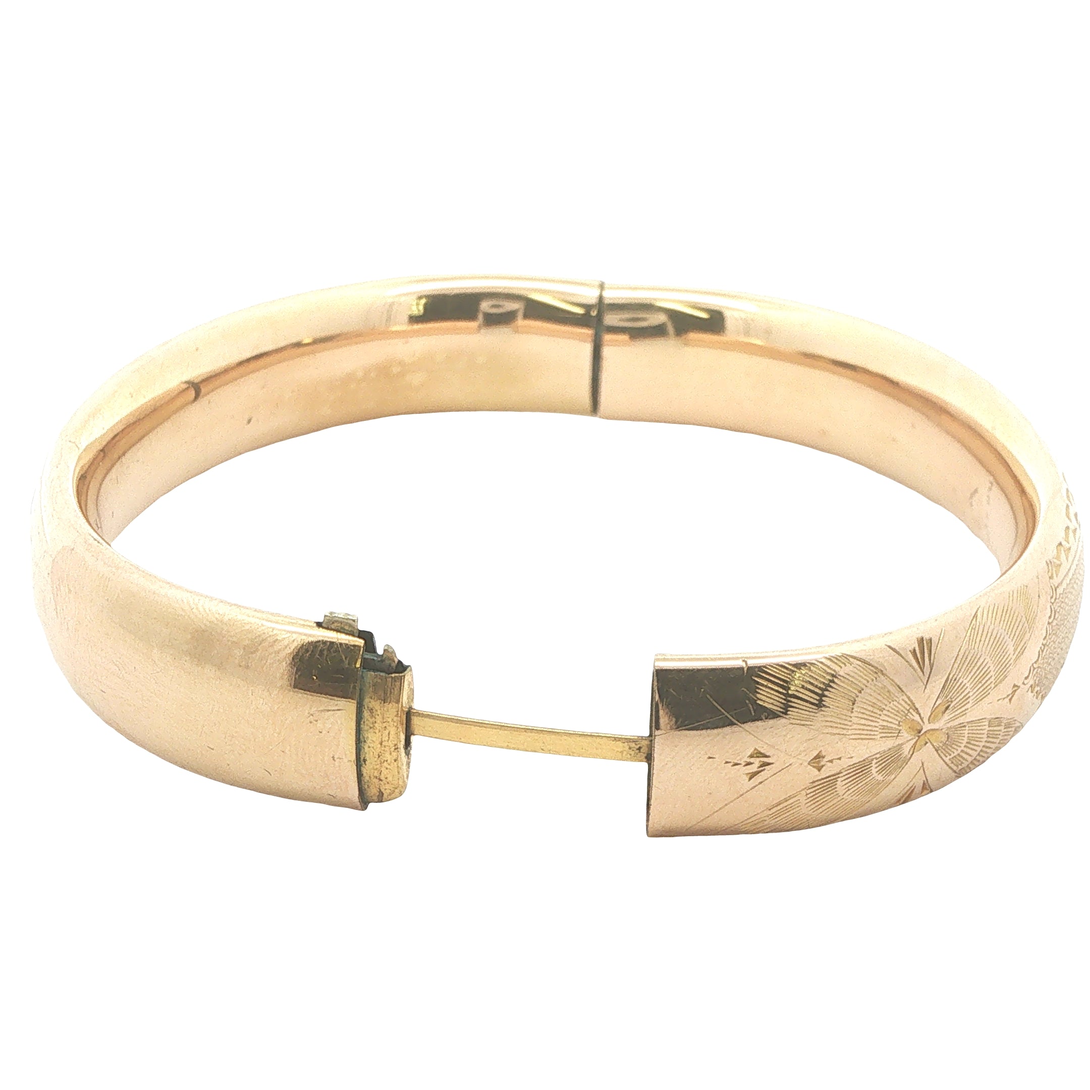 Circa 1950s–1960s Estate Gold Filled Engraved Hinged Bangle Bracelet 76mm x 5mm