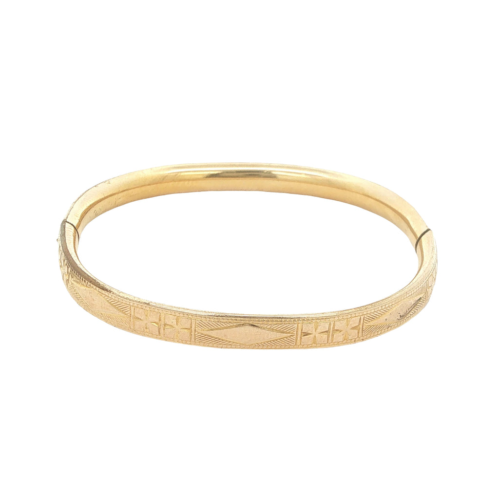 Circa 1950s–1960s Estate Baby Gold Filled Engraved Hinged Bangle Bracelet 40mm