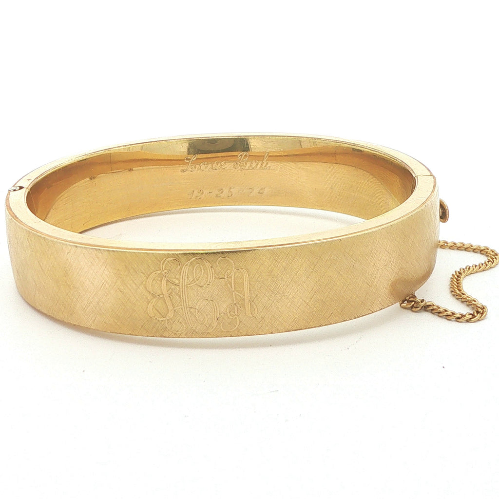 Estate Vintage 1974 Love Bangle 1/20 12K Gold Filled Florentine Finish Hinged Bracelet Safety Chain