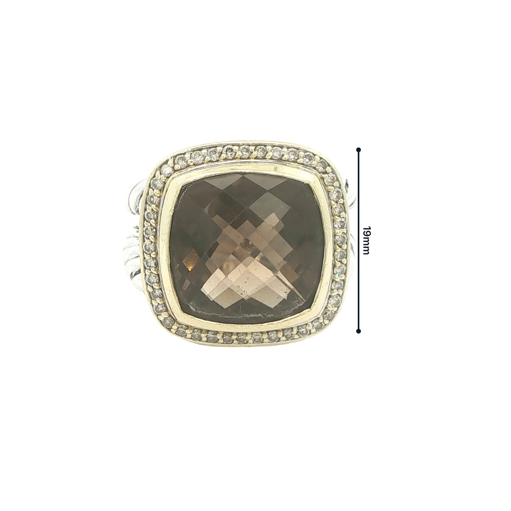 Estate David Yurman Late 1990s Sterling Silver 18K Gold Smoky Quartz Diamond Ring Size 8