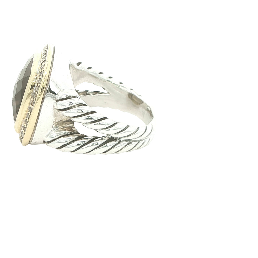 Estate David Yurman Late 1990s Sterling Silver 18K Gold Smoky Quartz Diamond Ring Size 8