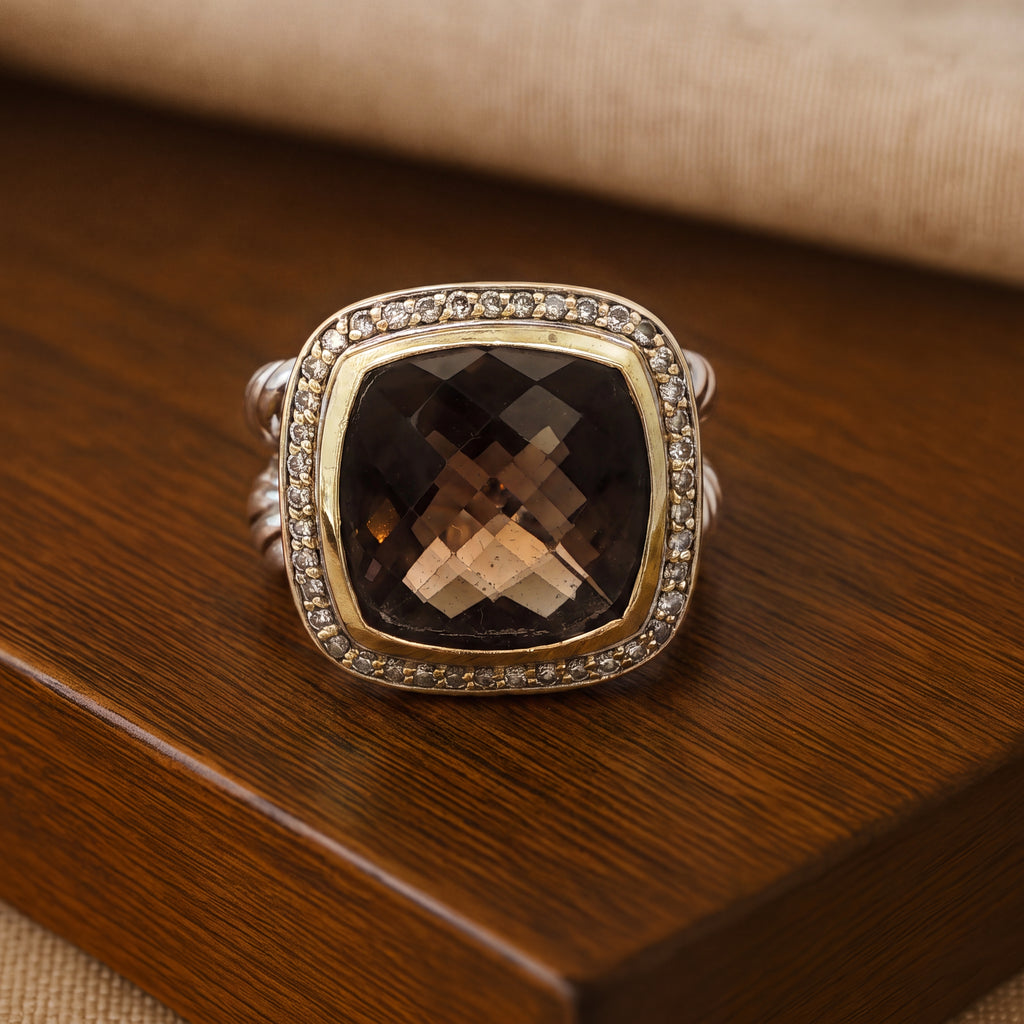 Estate David Yurman Late 1990s Sterling Silver 18K Gold Smoky Quartz Diamond Ring Size 8