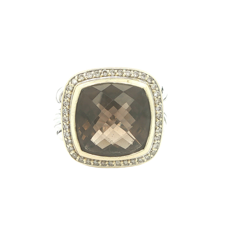 Estate David Yurman Late 1990s Sterling Silver 18K Gold Smoky Quartz Diamond Ring Size 8