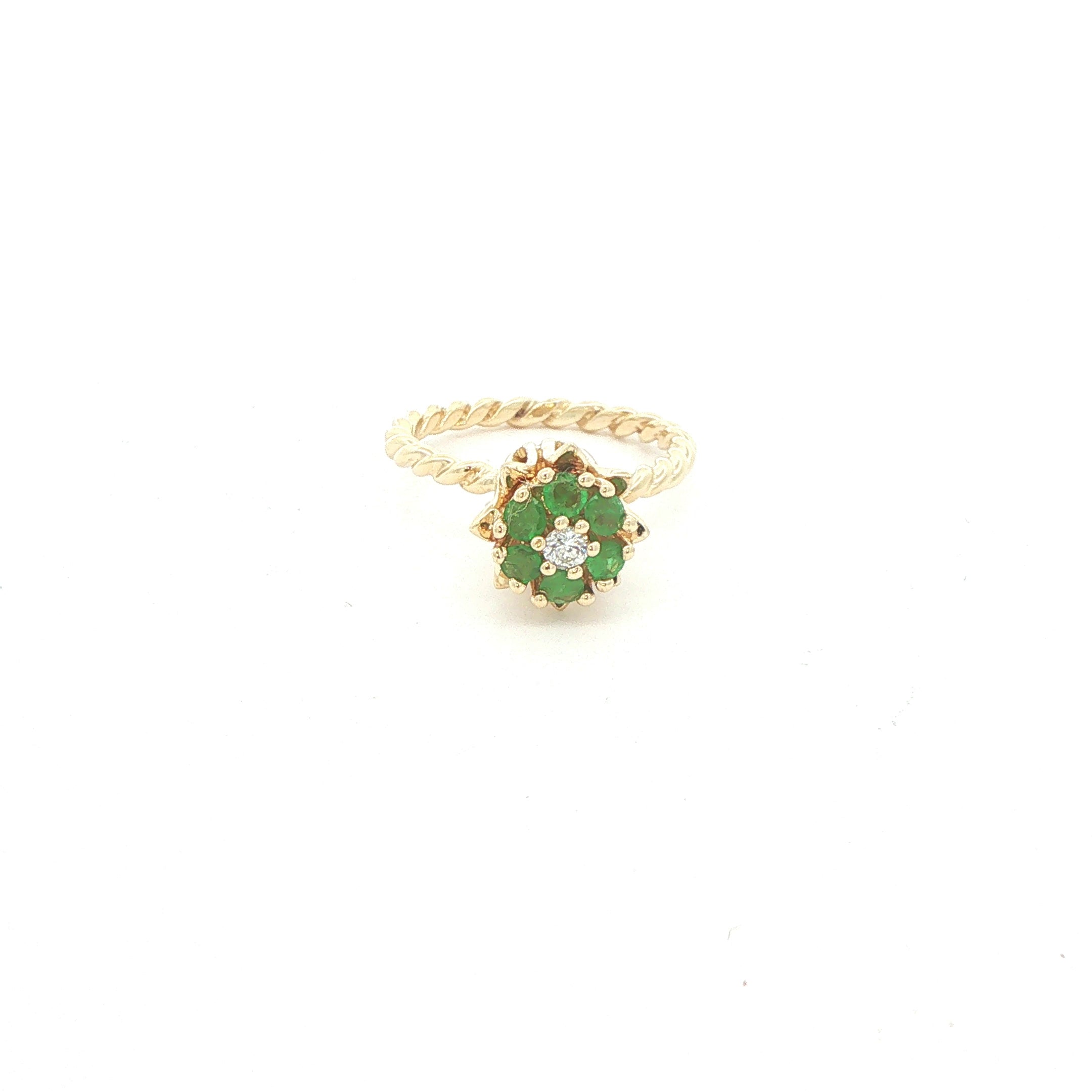 Circa 1980s Estate 14K Yellow Gold Natural Emerald & Diamond Flower Cluster Ring Size 6