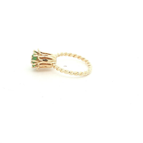 Circa 1980s Estate 14K Yellow Gold Natural Emerald & Diamond Flower Cluster Ring Size 6
