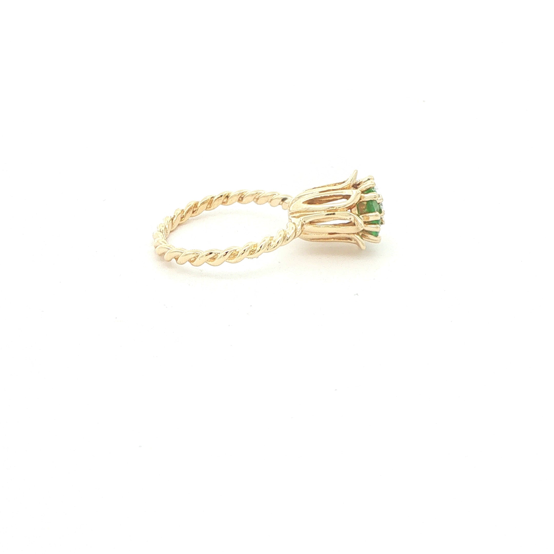 Circa 1980s Estate 14K Yellow Gold Natural Emerald & Diamond Flower Cluster Ring Size 6