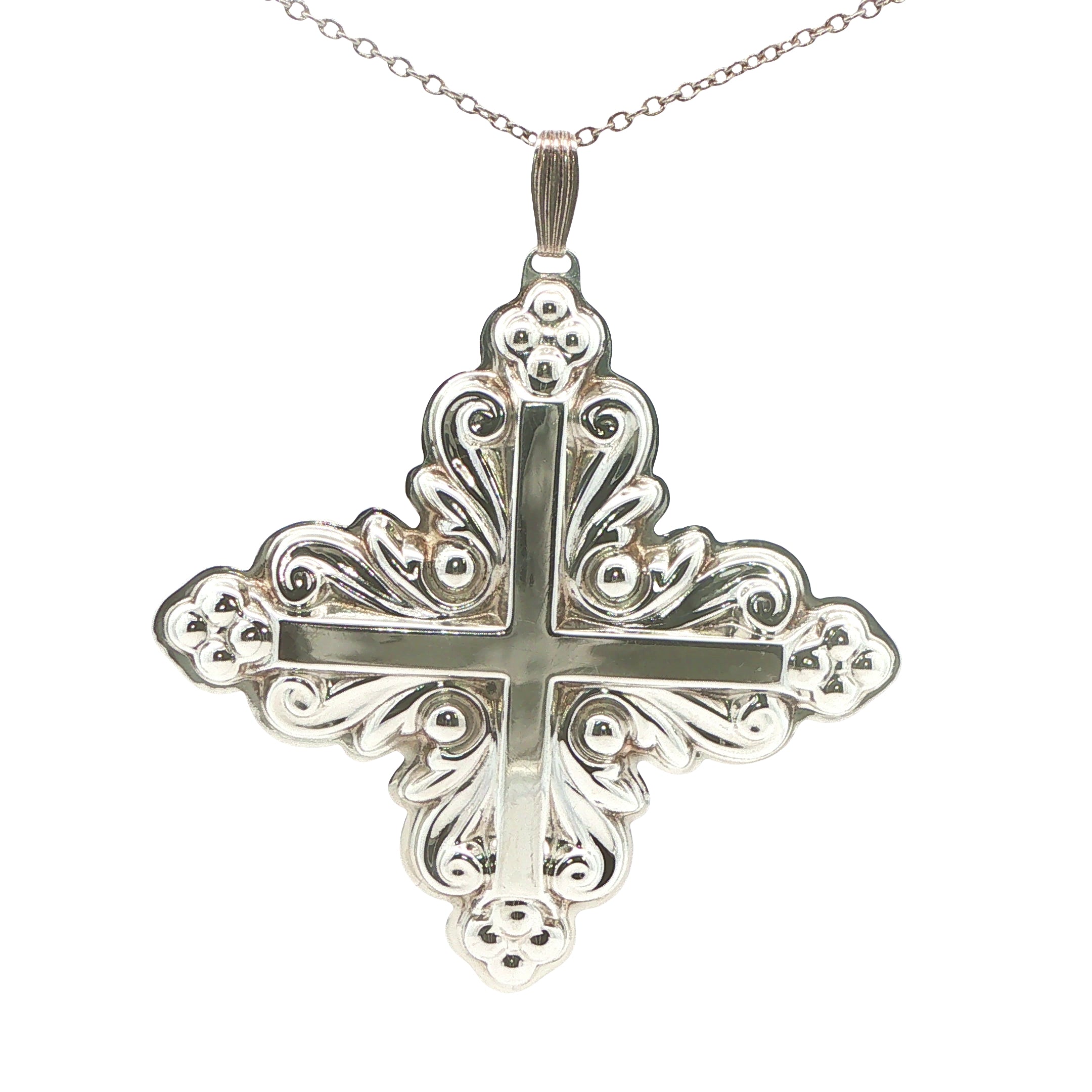 1983 Estate Reed & Barton Sterling Silver Christmas Cross Pendant 68mm Ornate Holiday Cross