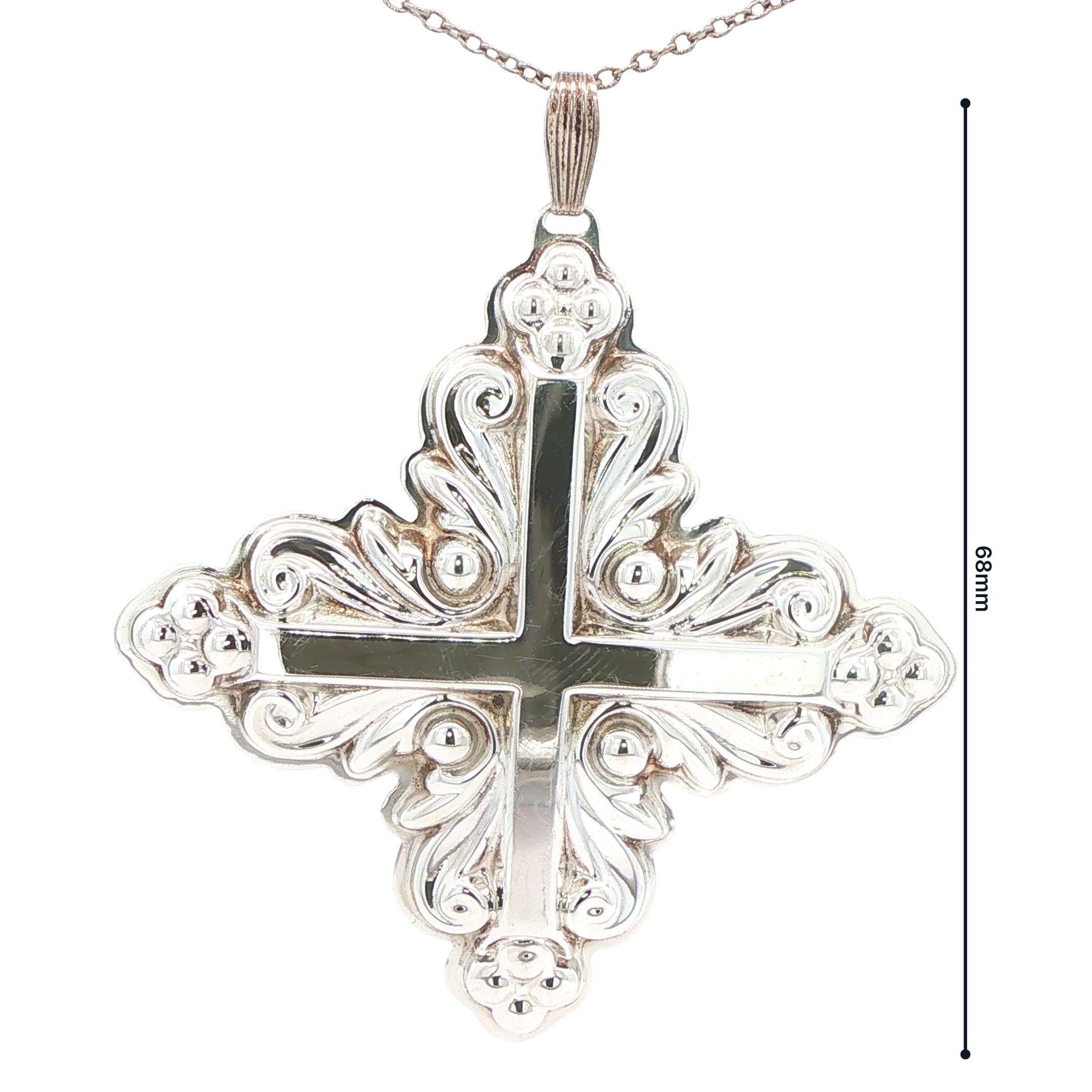 1983 Estate Reed & Barton Sterling Silver Christmas Cross Pendant 68mm Ornate Holiday Cross
