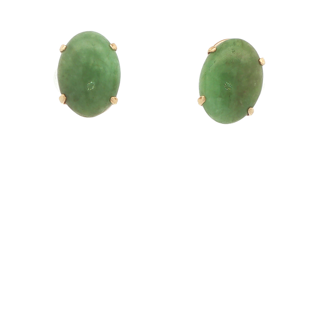 Circa 1950s–1960s Vintage Estate Natural Jade 14K Yellow Gold Clip-On Earrings with Oval Cabochons