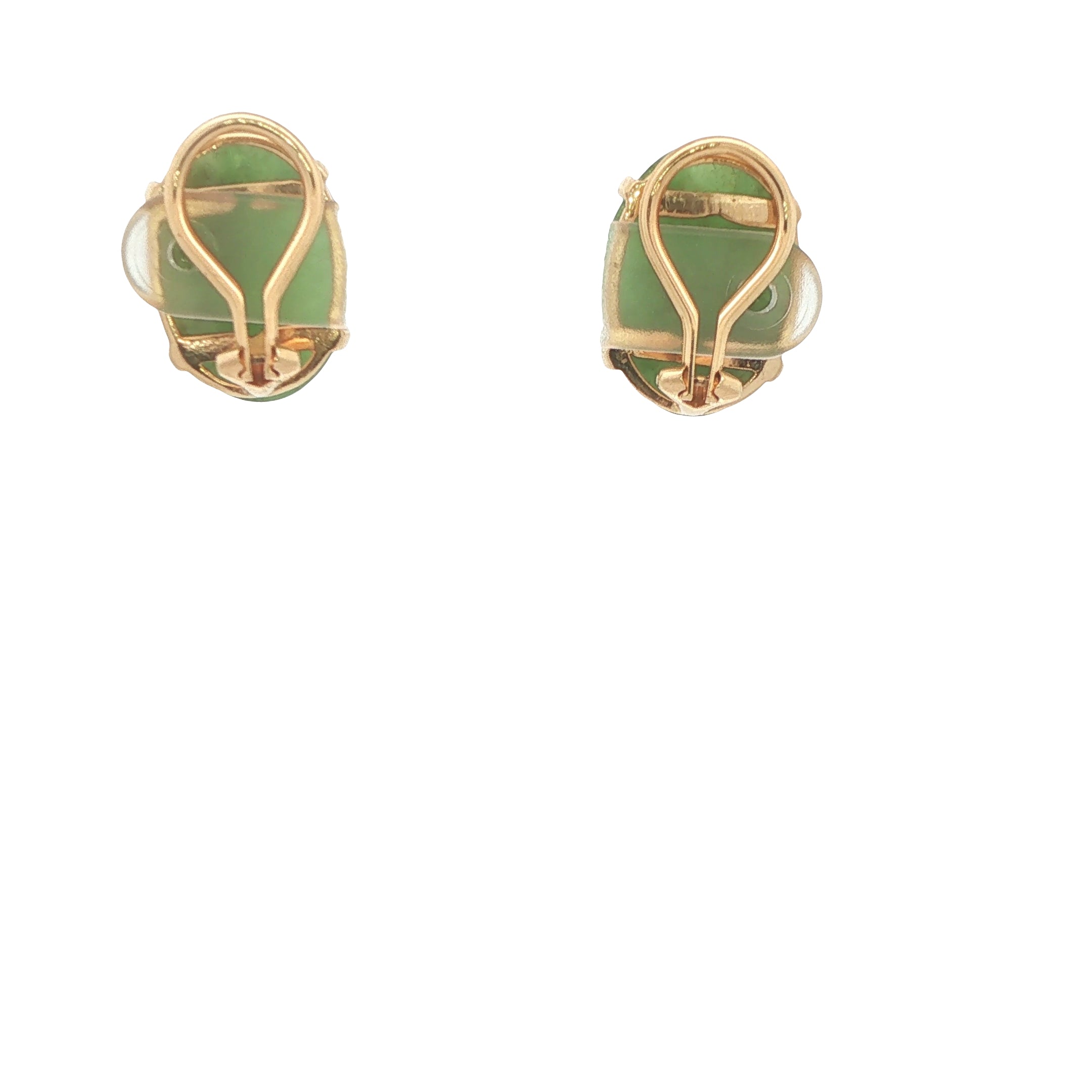 Circa 1950s–1960s Vintage Estate Natural Jade 14K Yellow Gold Clip-On Earrings with Oval Cabochons