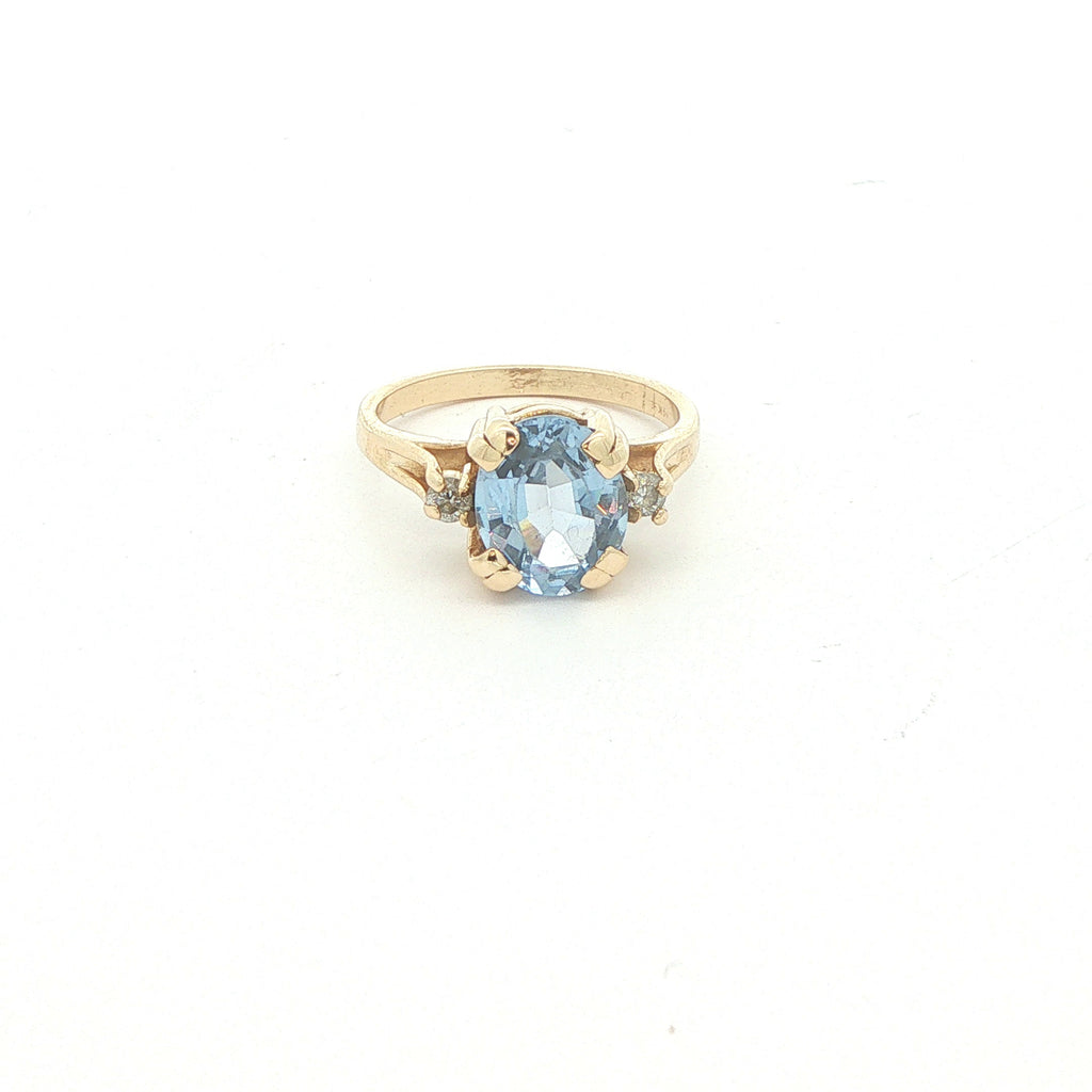 Circa 1950s Approx. 2.5 CT Natural Aquamarine & Mine-Cut Diamond 14K Gold Ring