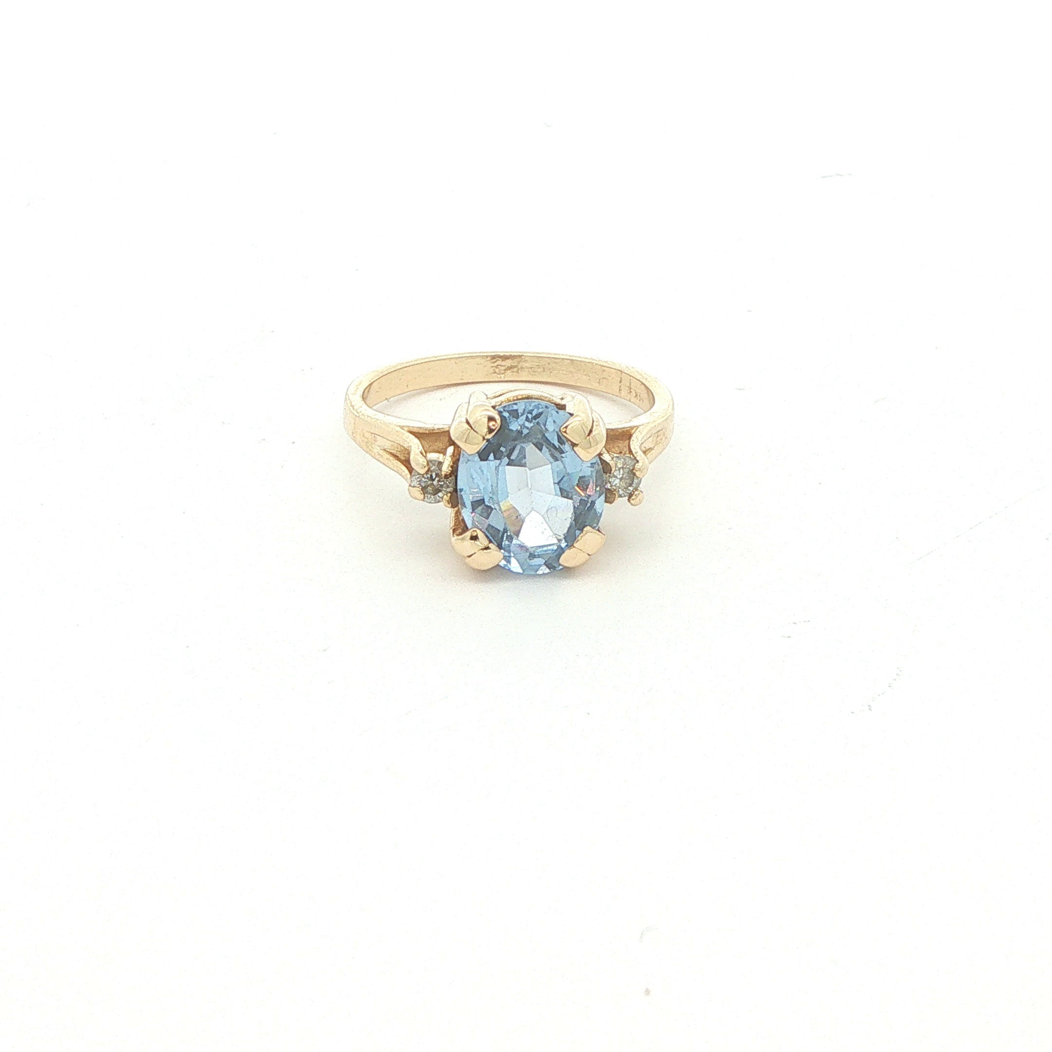 Circa 1950s Approx. 2.5 CT Natural Aquamarine & Mine-Cut Diamond 14K Gold Ring