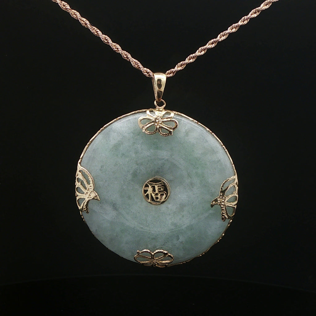 Vintage c. 1970s Natural Jade Butterfly Fu Pendant in 14K Yellow Gold