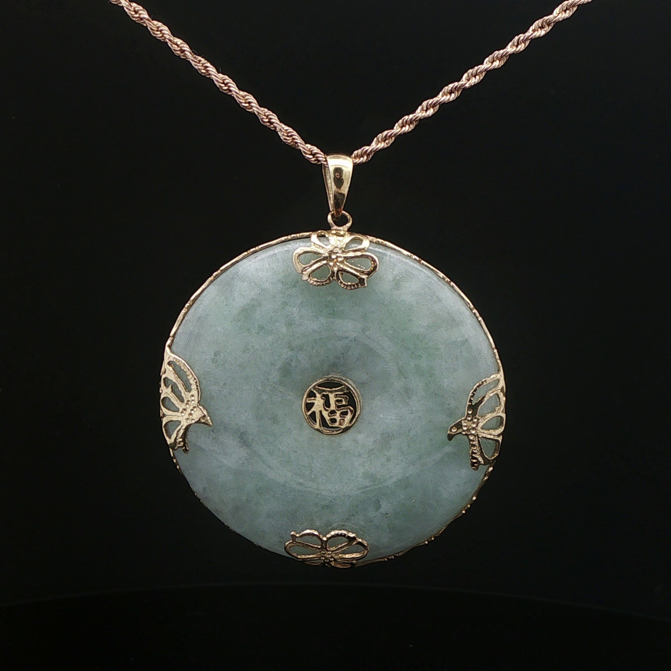 Vintage c. 1970s Natural Jade Butterfly Fu Pendant in 14K Yellow Gold