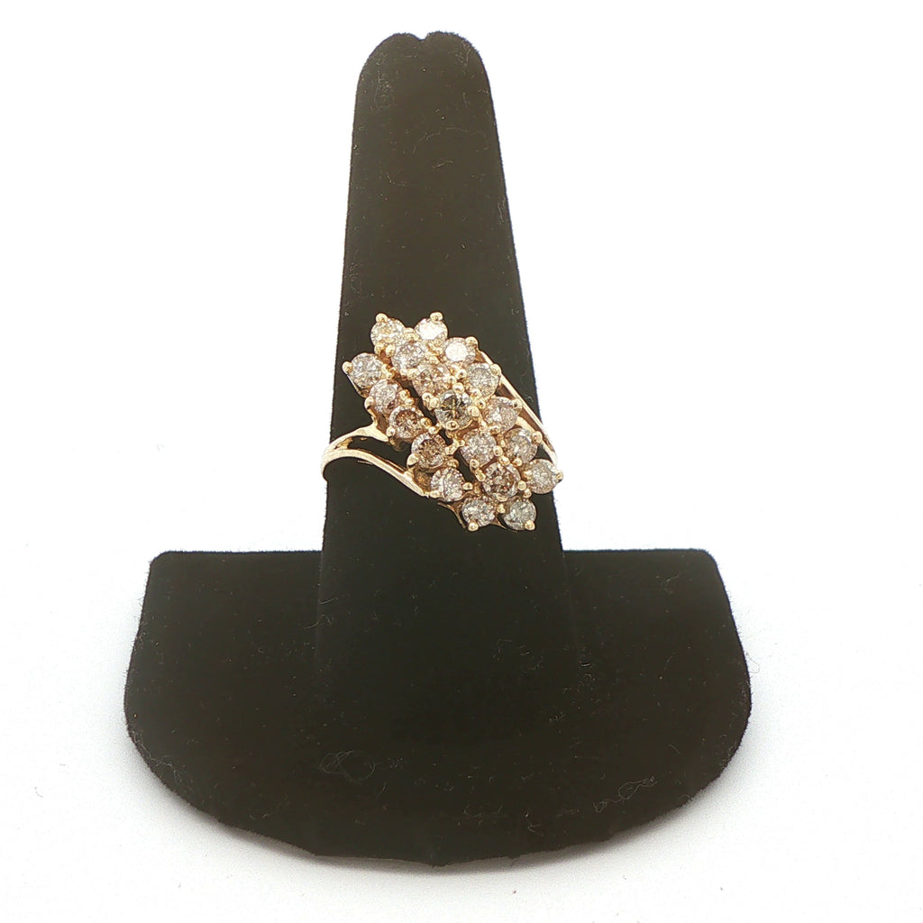 Vintage 1980s–1990s 14K Yellow Gold 1.90 CTW Natural Diamond Waterfall Cluster Ring – Size 8.5