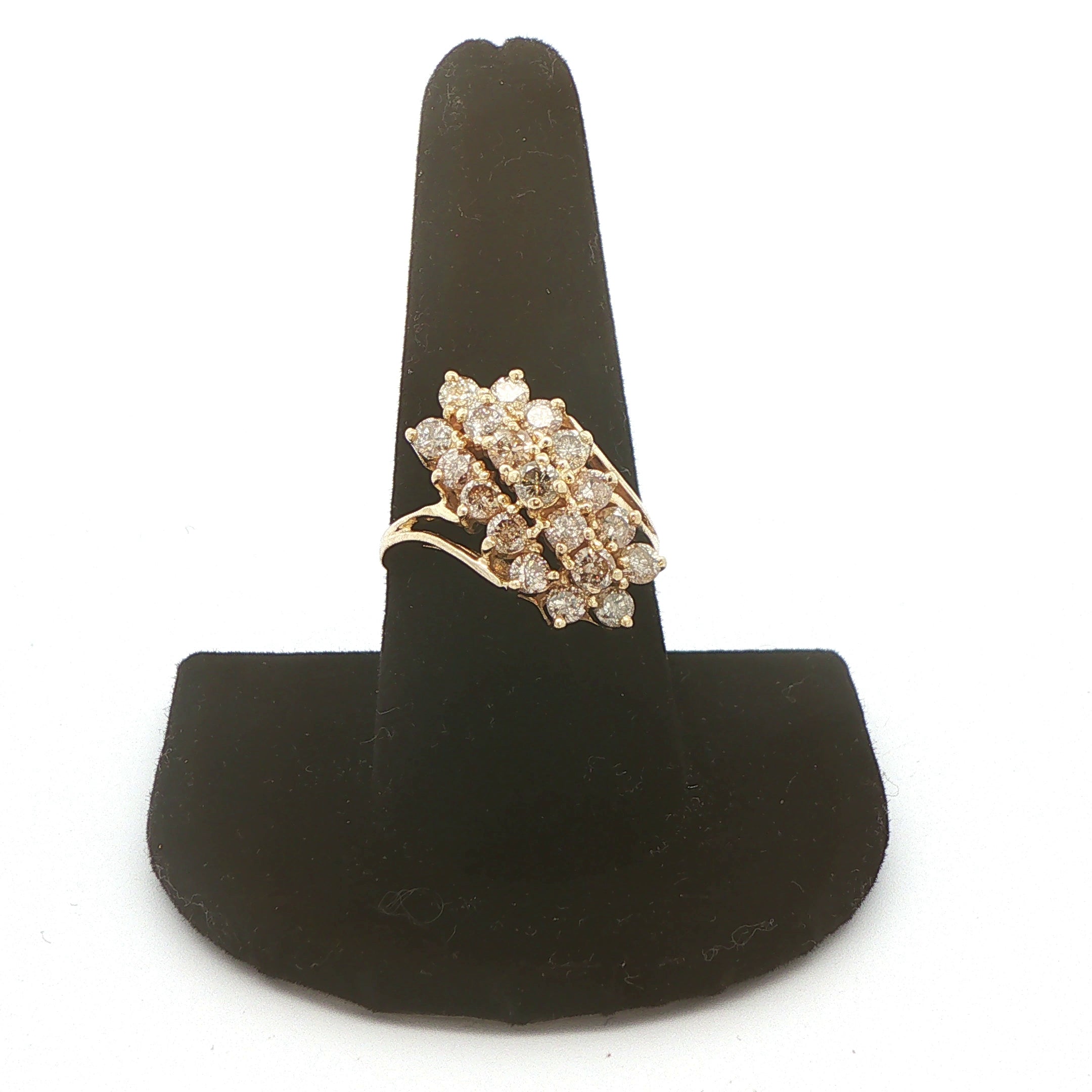 Vintage 1980s–1990s 14K Yellow Gold 1.90 CTW Natural Diamond Waterfall Cluster Ring – Size 8.5